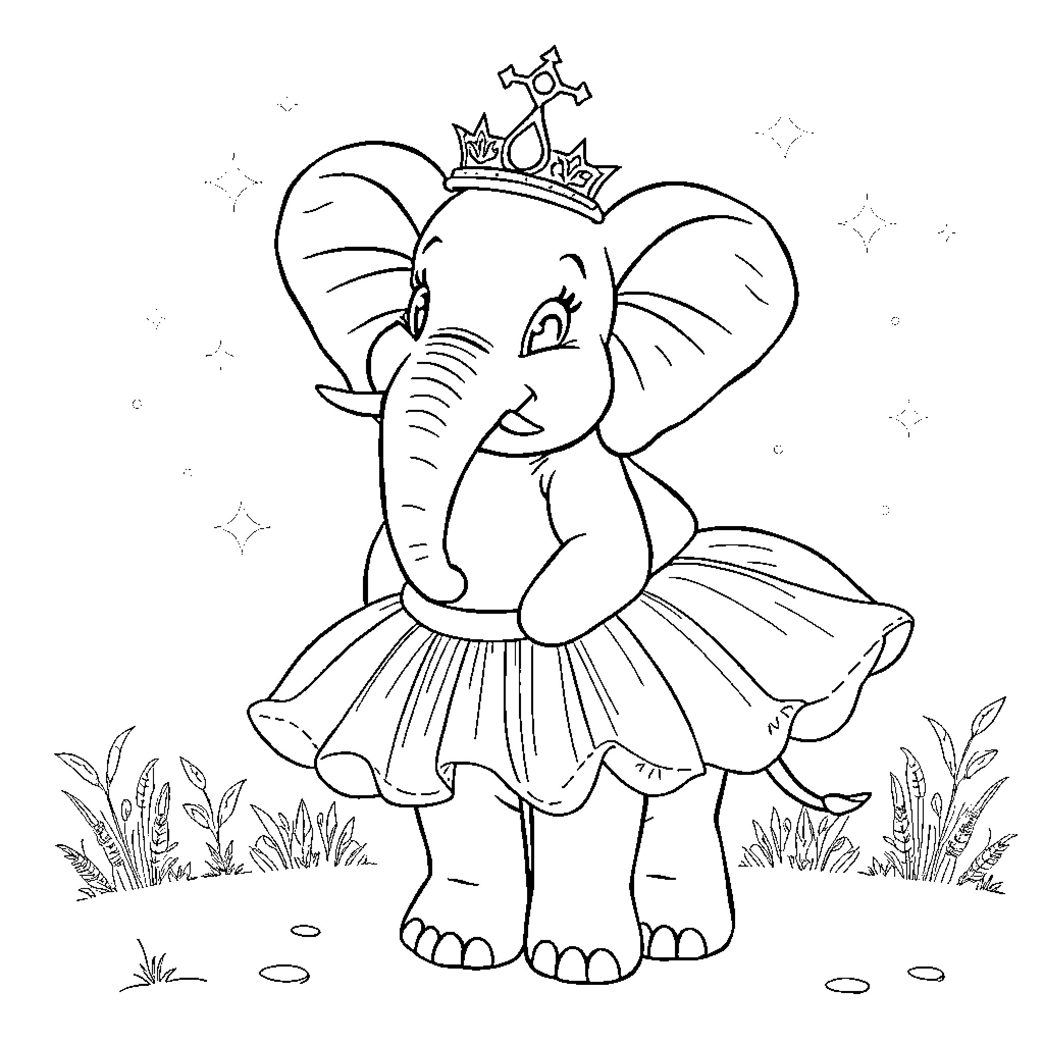 Elephant princess dancing in the meadow Coloring Page (free black-and-white line drawing printable PDF for all, from beginners to advanced learners, including children, teens, adults, and seniors)