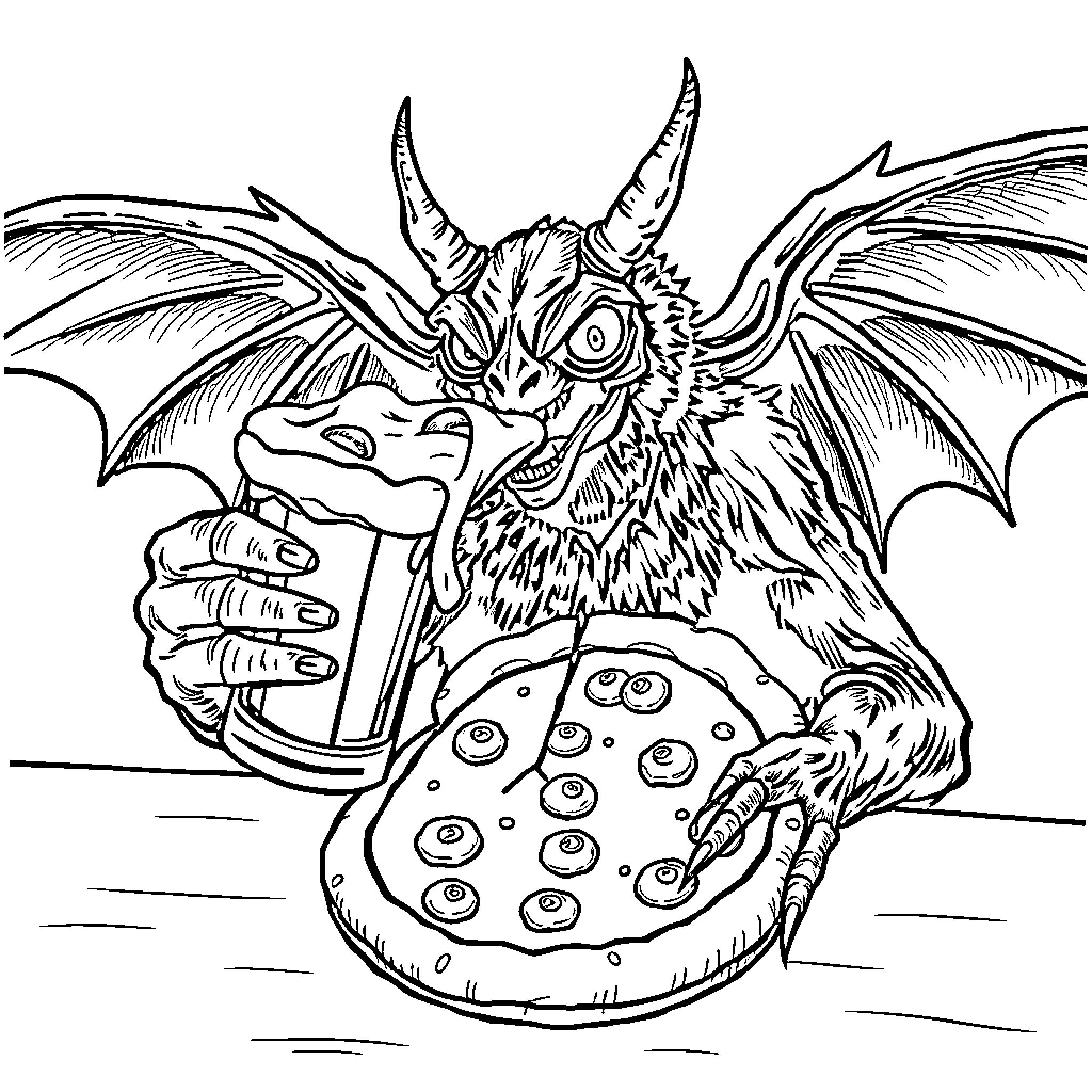 Mothman cooking a spooky dish with claws and wings Coloring Page (free black-and-white line drawing printable PDF for all, from beginners to advanced learners, including children, teens, adults, and seniors)