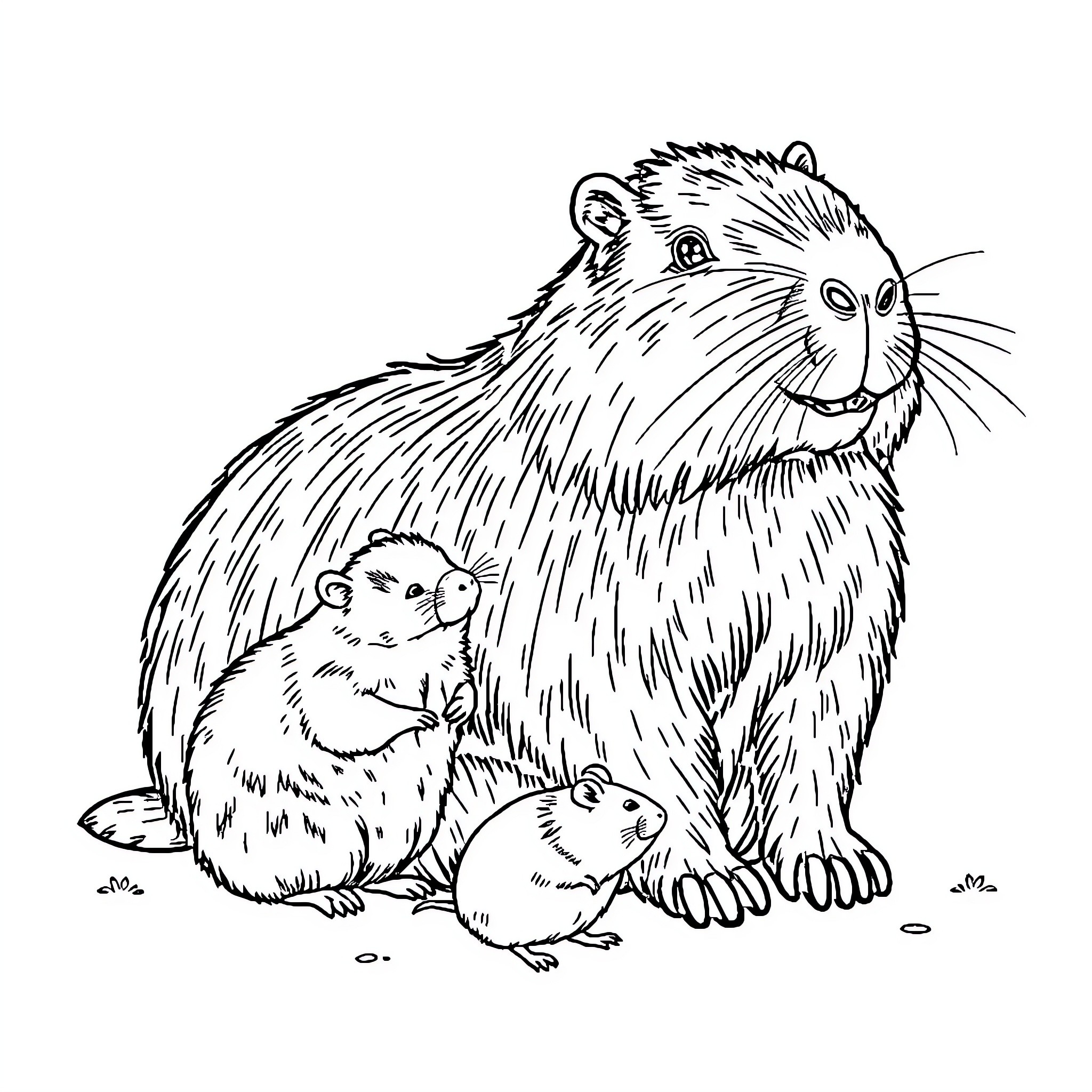 Capybara family relaxing together Coloring Page (free black-and-white line drawing printable PDF for all, from beginners to advanced learners, including children, teens, adults, and seniors)