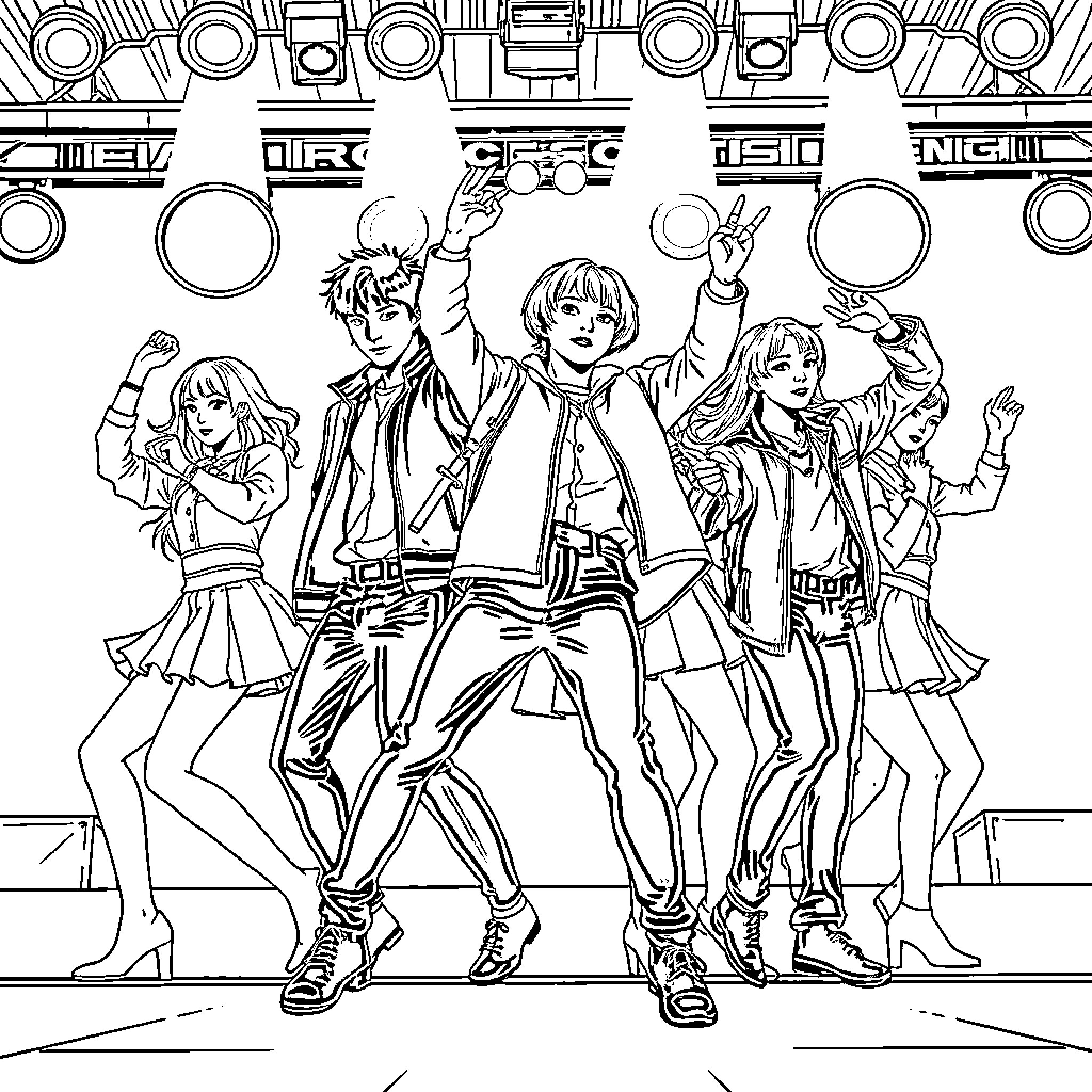K Pop Performers in Vibrant Stage Attire Coloring Page (free black-and-white line drawing printable PDF for all, from beginners to advanced learners, including children, teens, adults, and seniors)