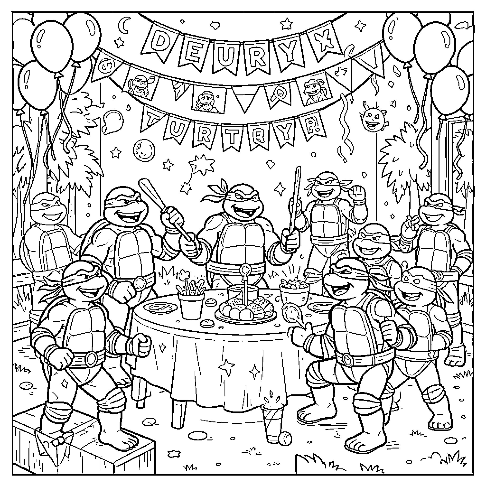 Teenage Mutant Ninja Turtles Celebrate Birthday Party Coloring Page (free black-and-white line drawing printable PDF for all, from beginners to advanced learners, including children, teens, adults, and seniors)