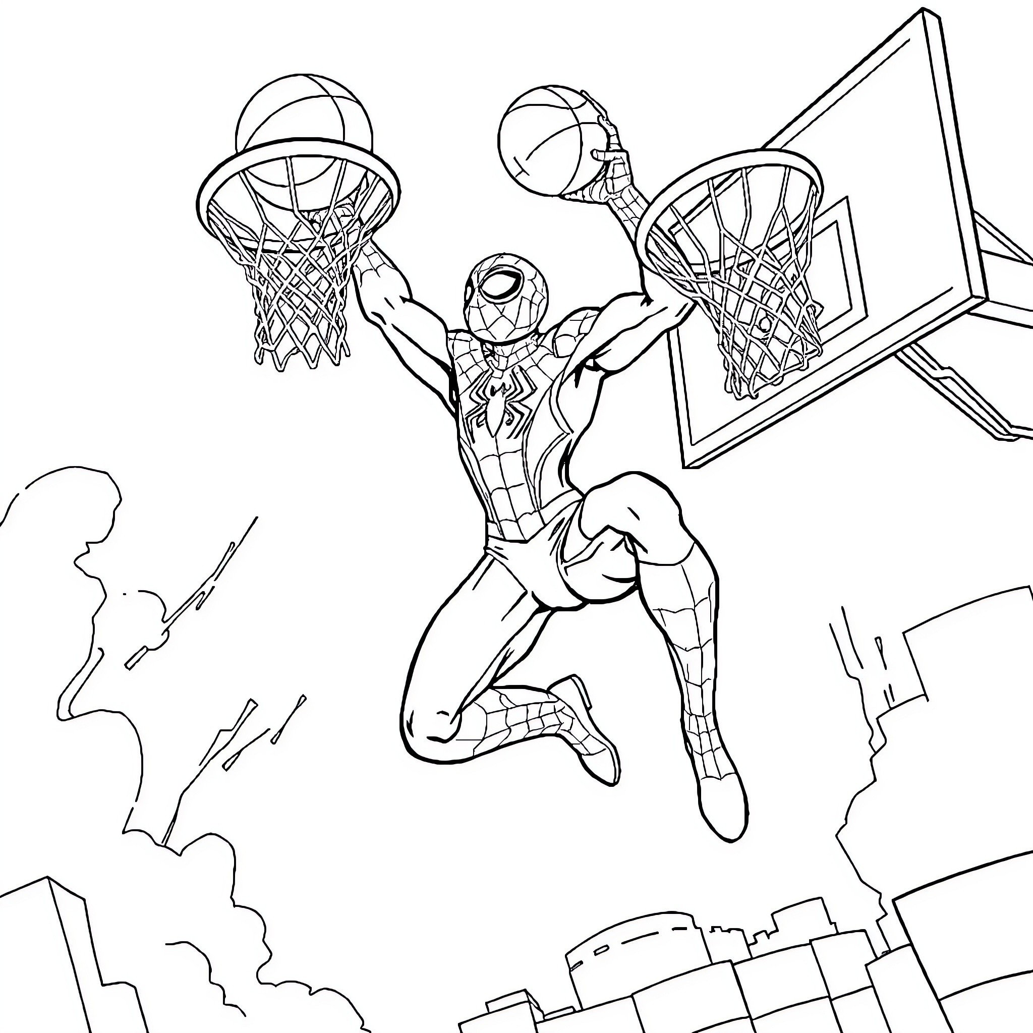 Spiderman Slam Dunking on Cityscape Basketball Hoop Coloring Page (free black-and-white line drawing printable PDF for all, from beginners to advanced learners, including children, teens, adults, and seniors)