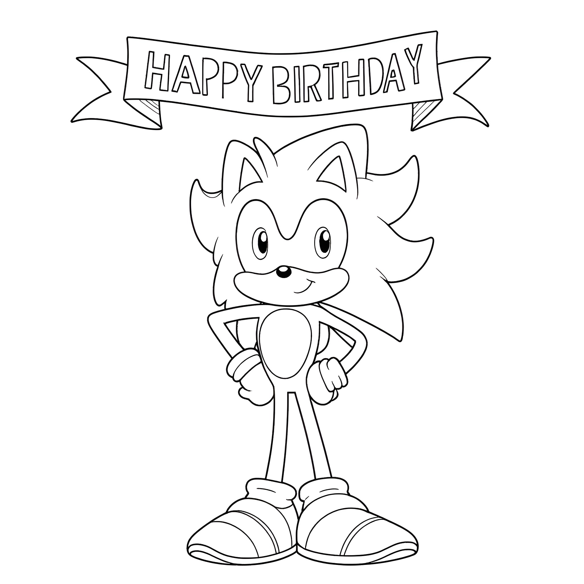 Sonic celebrating a happy birthday Coloring Page (free black-and-white line drawing printable PDF for all, from beginners to advanced learners, including children, teens, adults, and seniors)