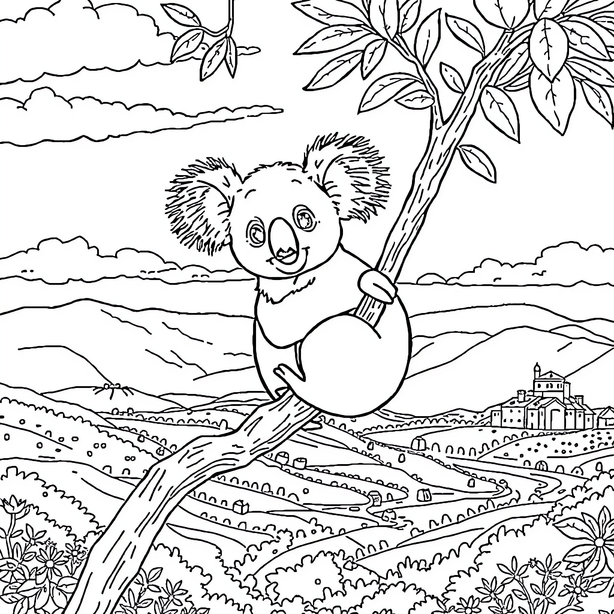 Koala enjoying nature's scenic landscape Coloring Page (free black-and-white line drawing printable PDF for all, from beginners to advanced learners, including children, teens, adults, and seniors)