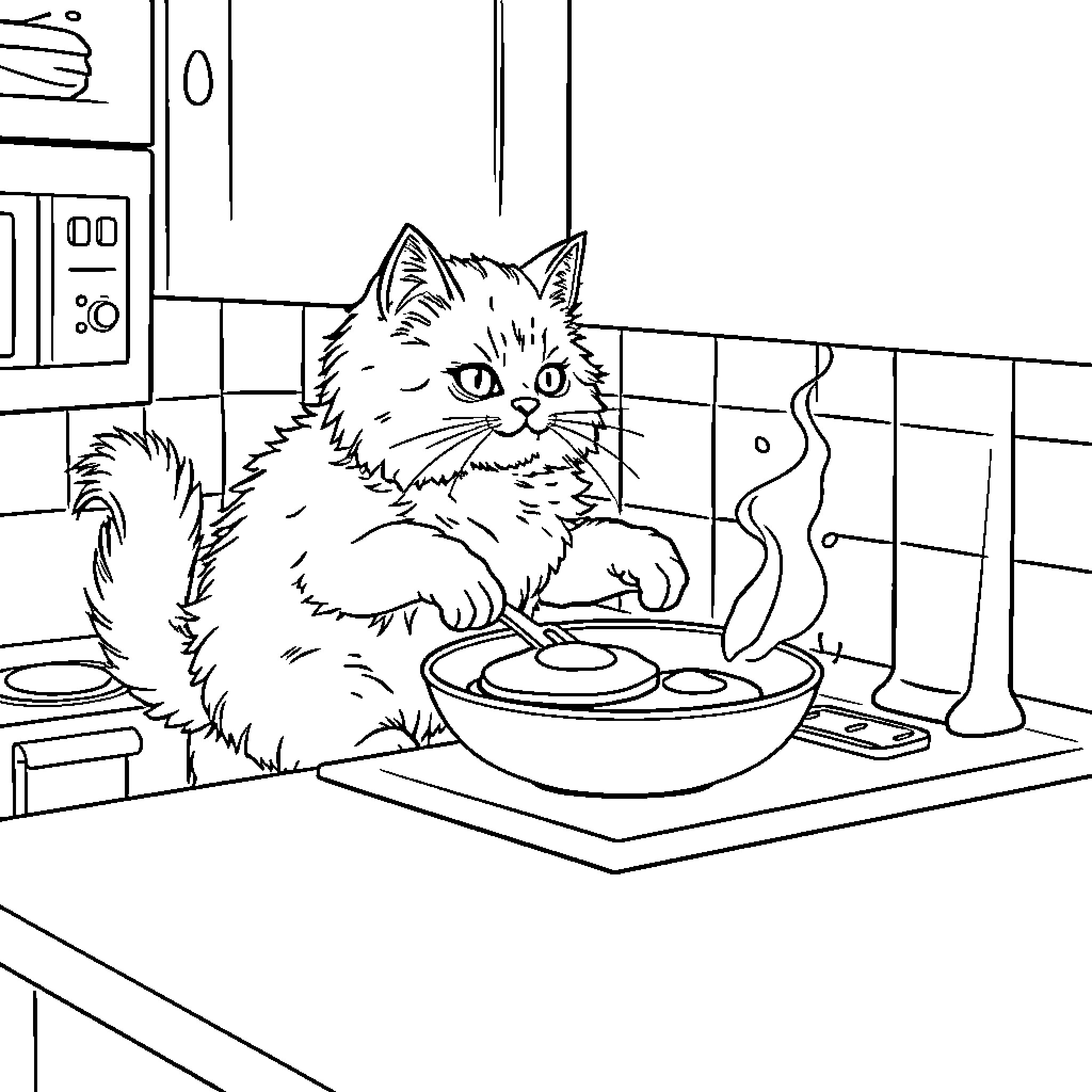 Cat enjoying a meal in the kitchen Coloring Page (free black-and-white line drawing printable PDF for all, from beginners to advanced learners, including children, teens, adults, and seniors)