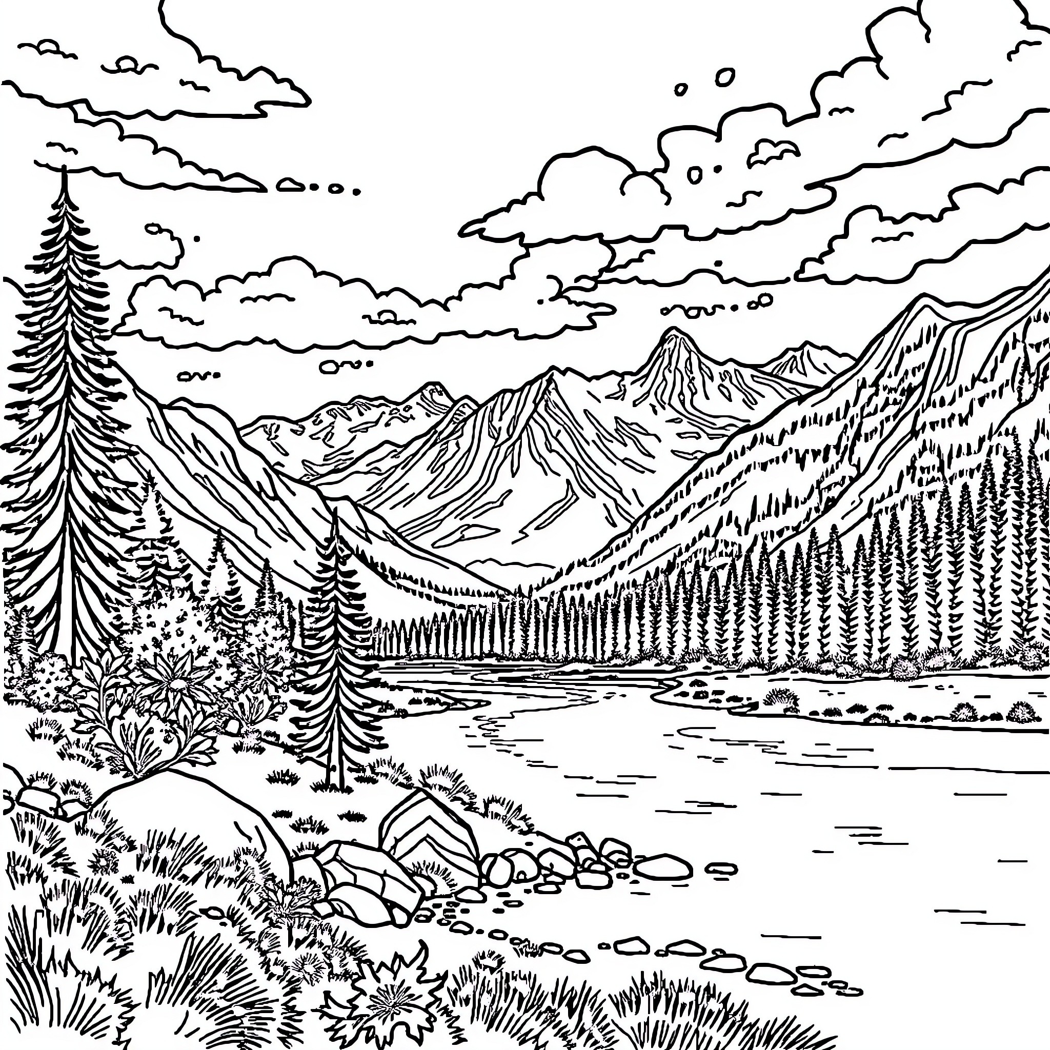 Pics of a scenic mountain landscape with a lake and vegetation Coloring Page (free black-and-white line drawing printable PDF for all, from beginners to advanced learners, including children, teens, adults, and seniors)
