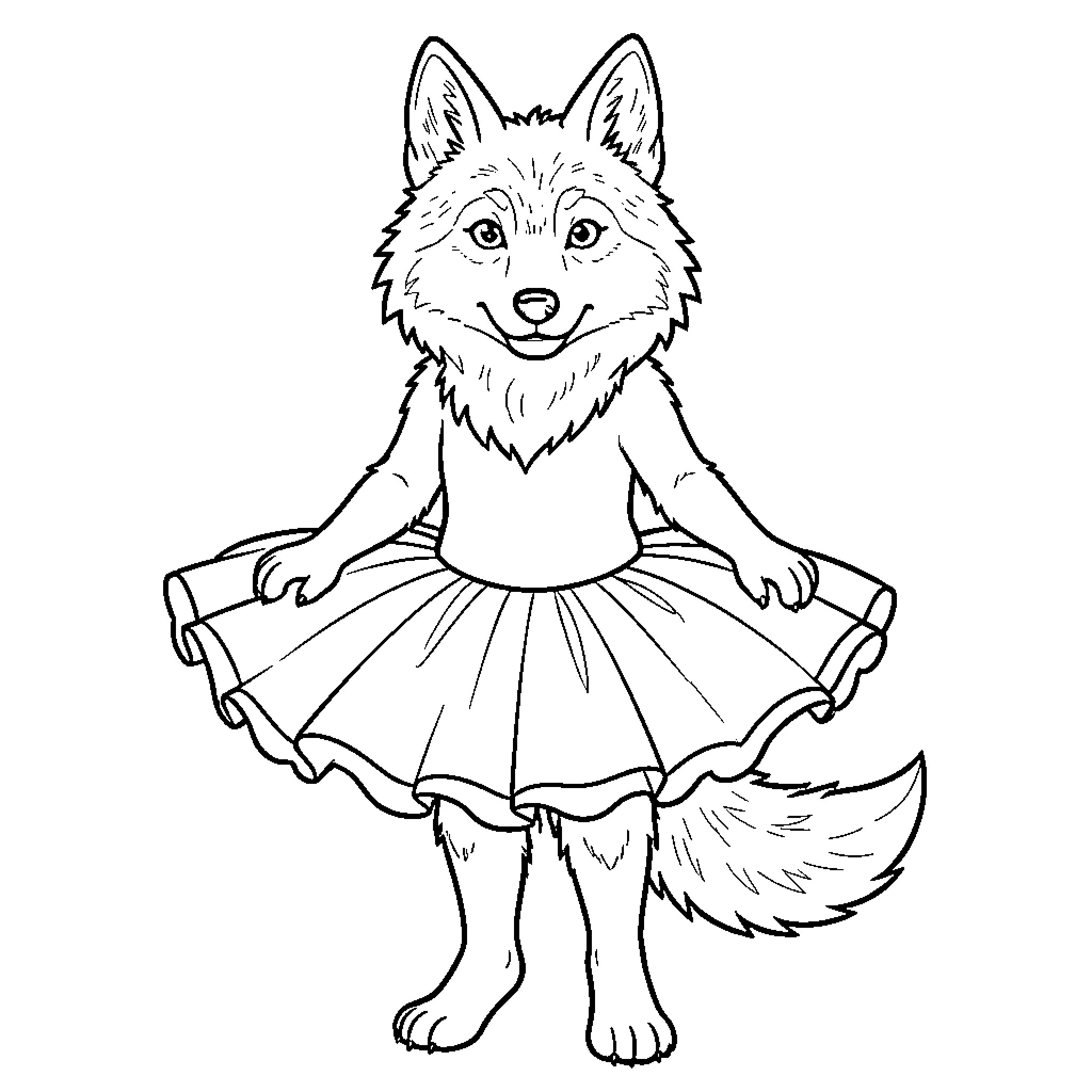 Wolf wearing a tutu and smiling happily Coloring Page (free black-and-white line drawing printable PDF for all, from beginners to advanced learners, including children, teens, adults, and seniors)