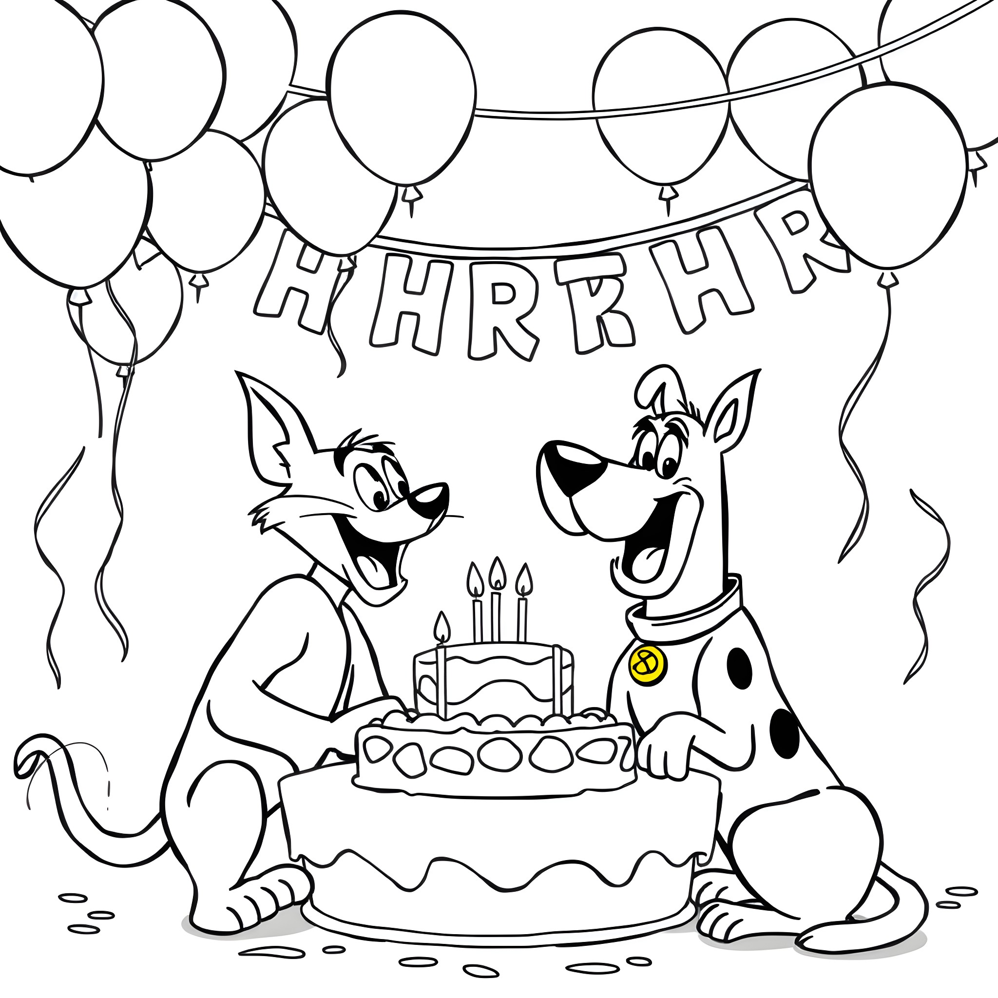Tom's Happy Birthday with Balloons and Cake Coloring Page (free black-and-white line drawing printable PDF for all, from beginners to advanced learners, including children, teens, adults, and seniors)
