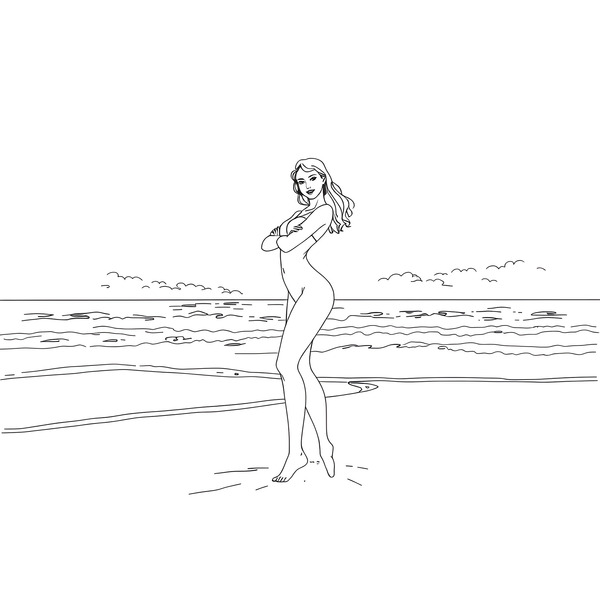 Model posing gracefully on the beach Coloring Page (free black-and-white line drawing printable PDF for all, from beginners to advanced learners, including children, teens, adults, and seniors)