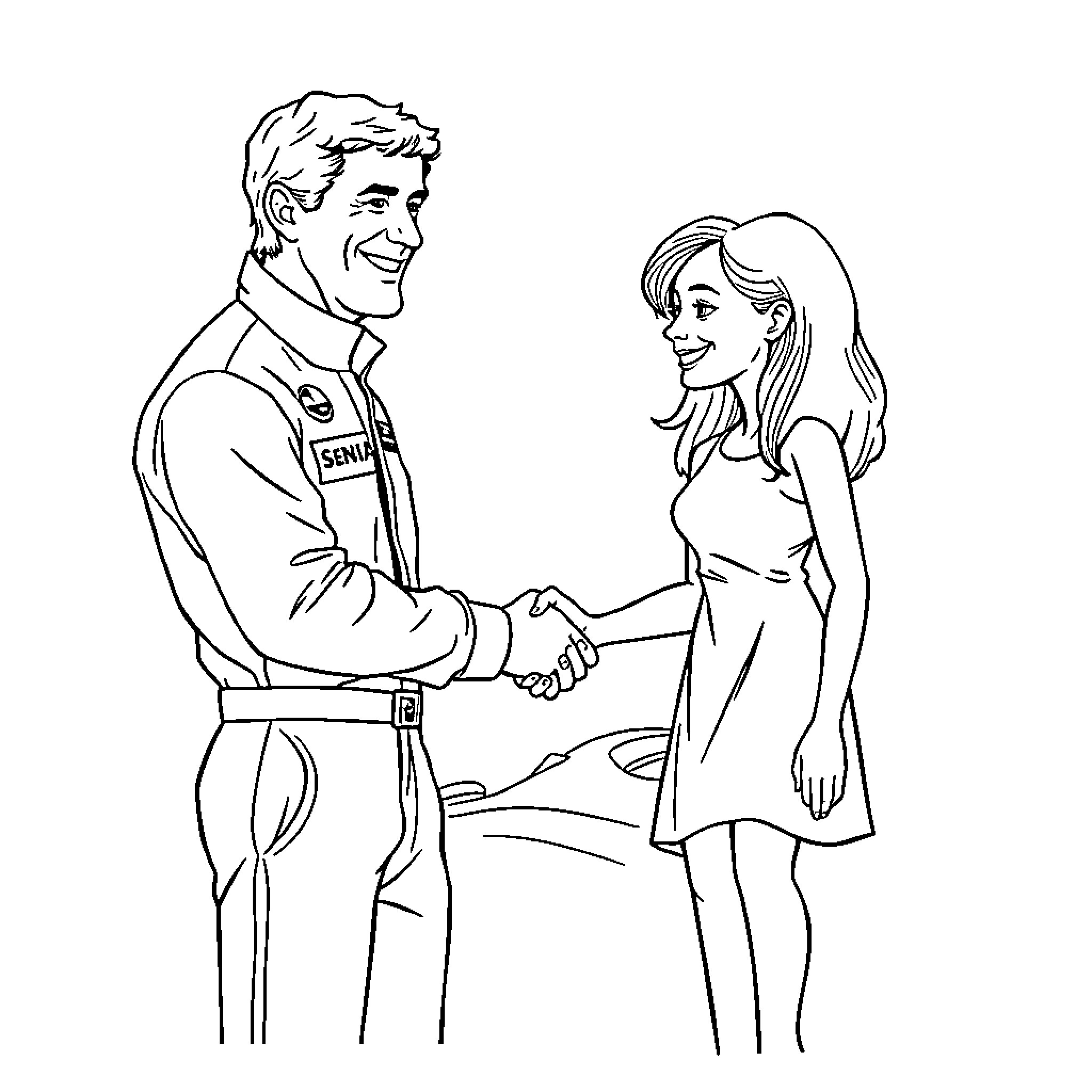 Ayrton Senna meeting with a woman Coloring Page (free black-and-white line drawing printable PDF for all, from beginners to advanced learners, including children, teens, adults, and seniors)