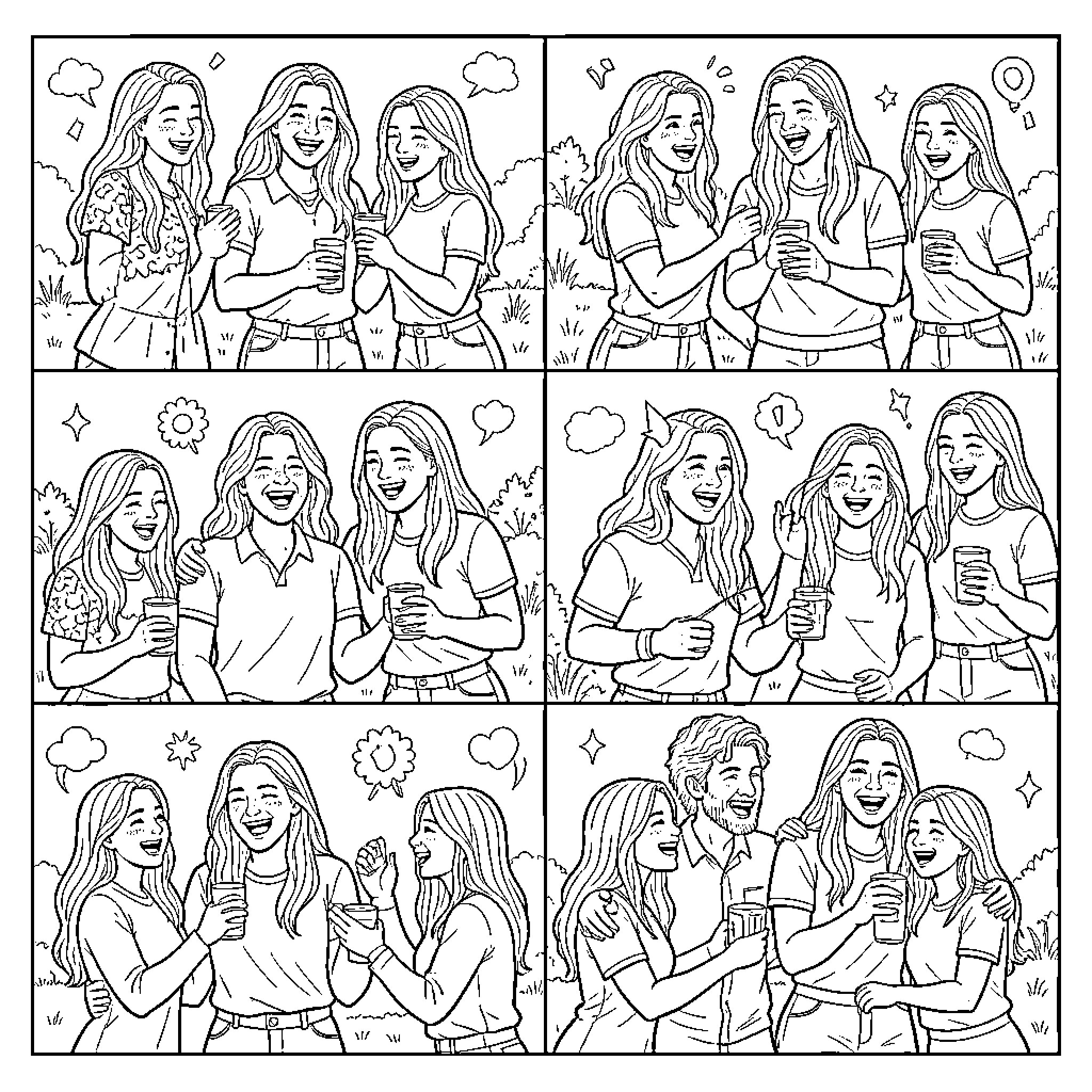 Lyna Vallejos laughing and talking with her friends Coloring Page (free black-and-white line drawing printable PDF for all, from beginners to advanced learners, including children, teens, adults, and seniors)