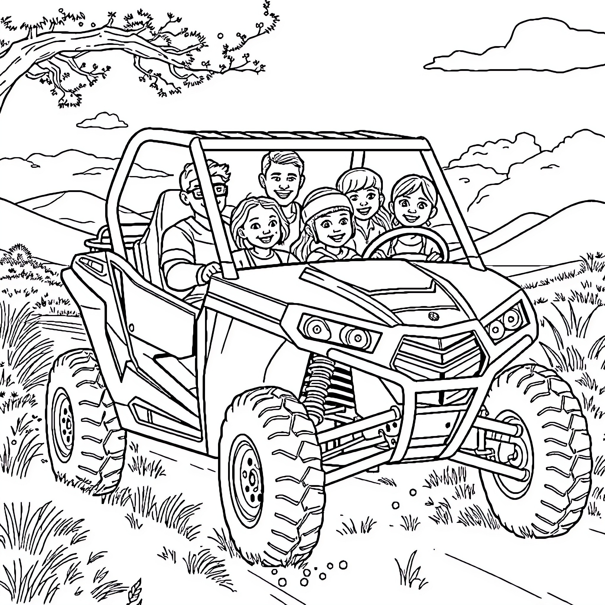 Polaris RZR family adventure in nature Coloring Page (free black-and-white line drawing printable PDF for all, from beginners to advanced learners, including children, teens, adults, and seniors)