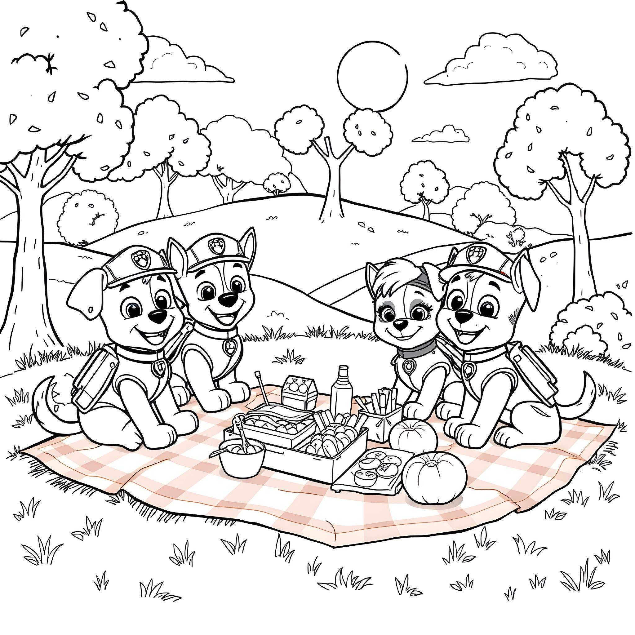 Paw Patrol Pups Enjoying a Picnic in the Park Coloring Page (free black-and-white line drawing printable PDF for all, from beginners to advanced learners, including children, teens, adults, and seniors)