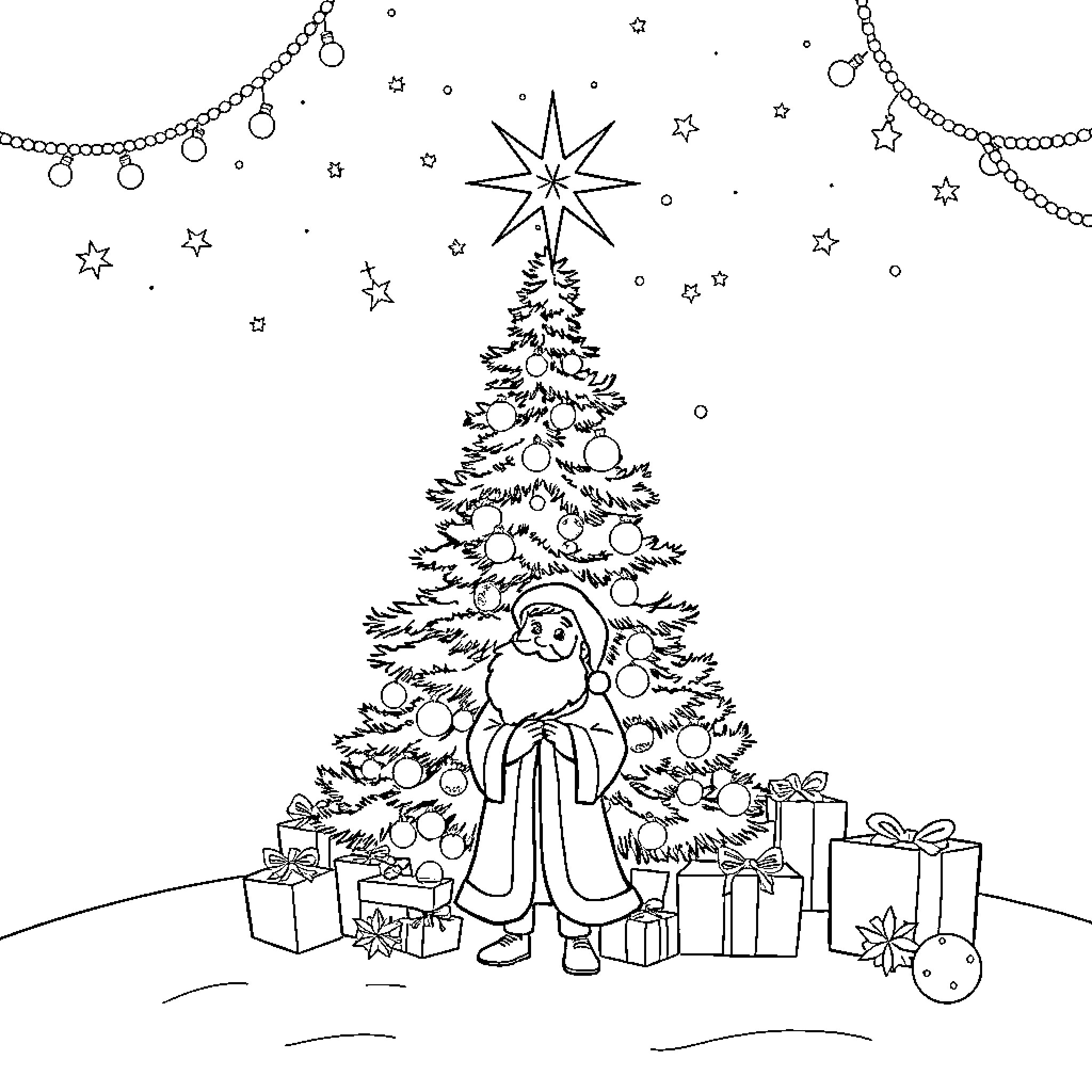 Noel's Snowy Christmas Celebration Coloring Page (free black-and-white line drawing printable PDF for all, from beginners to advanced learners, including children, teens, adults, and seniors)