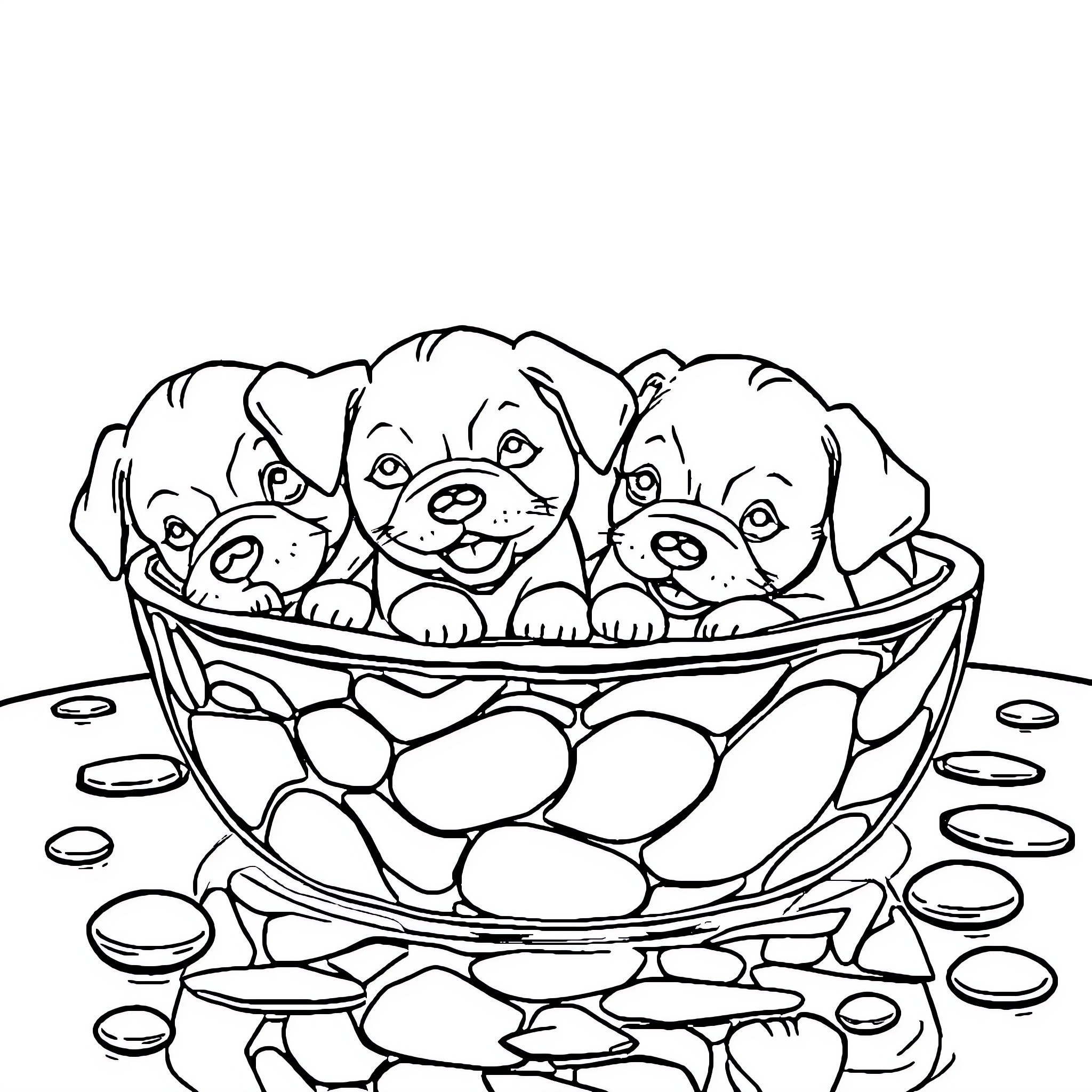 Puppy friends cuddling in a bowl Coloring Page (free black-and-white line drawing printable PDF for all, from beginners to advanced learners, including children, teens, adults, and seniors)