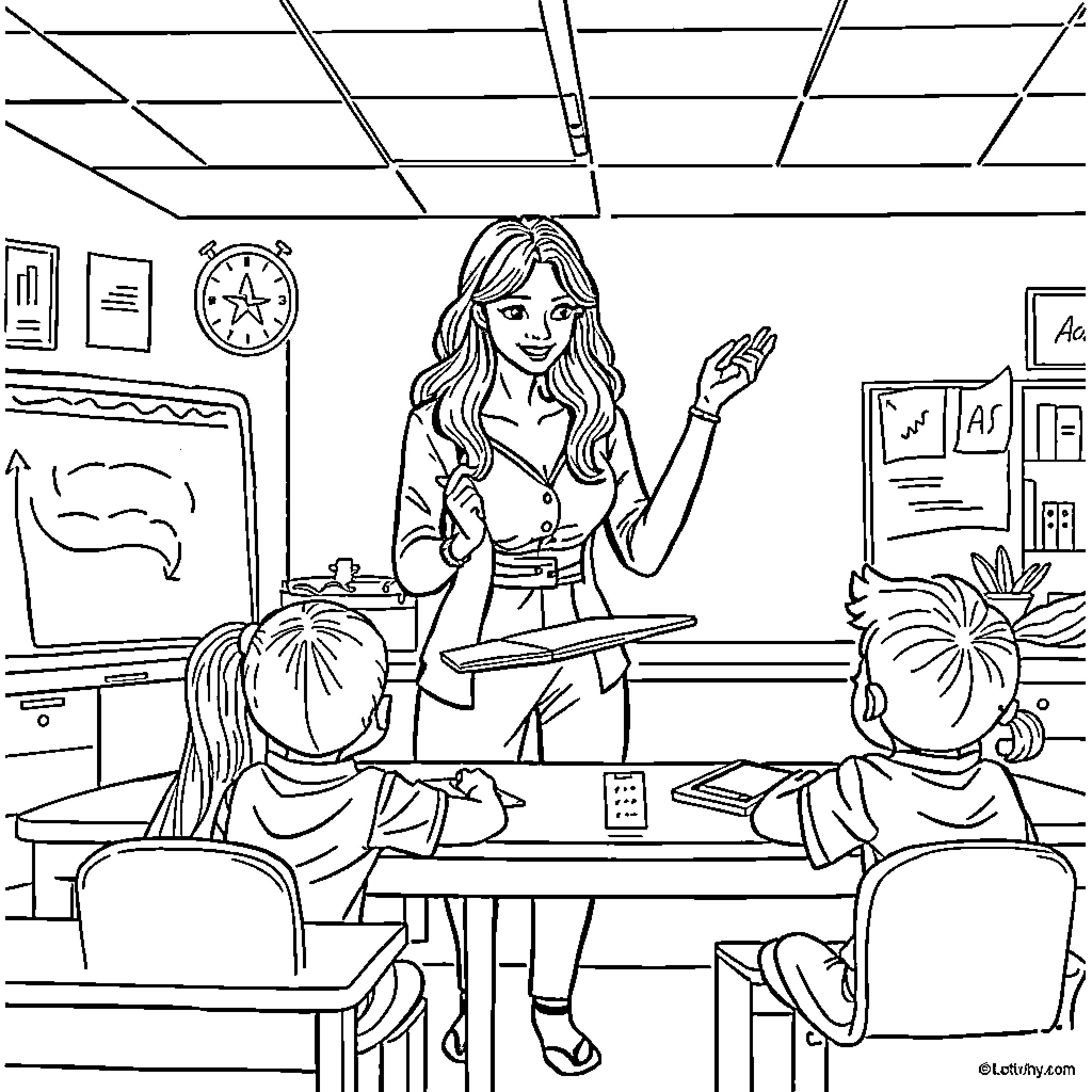Teacher Engaging with Students in Classroom Coloring Page (free black-and-white line drawing printable PDF for all, from beginners to advanced learners, including children, teens, adults, and seniors)