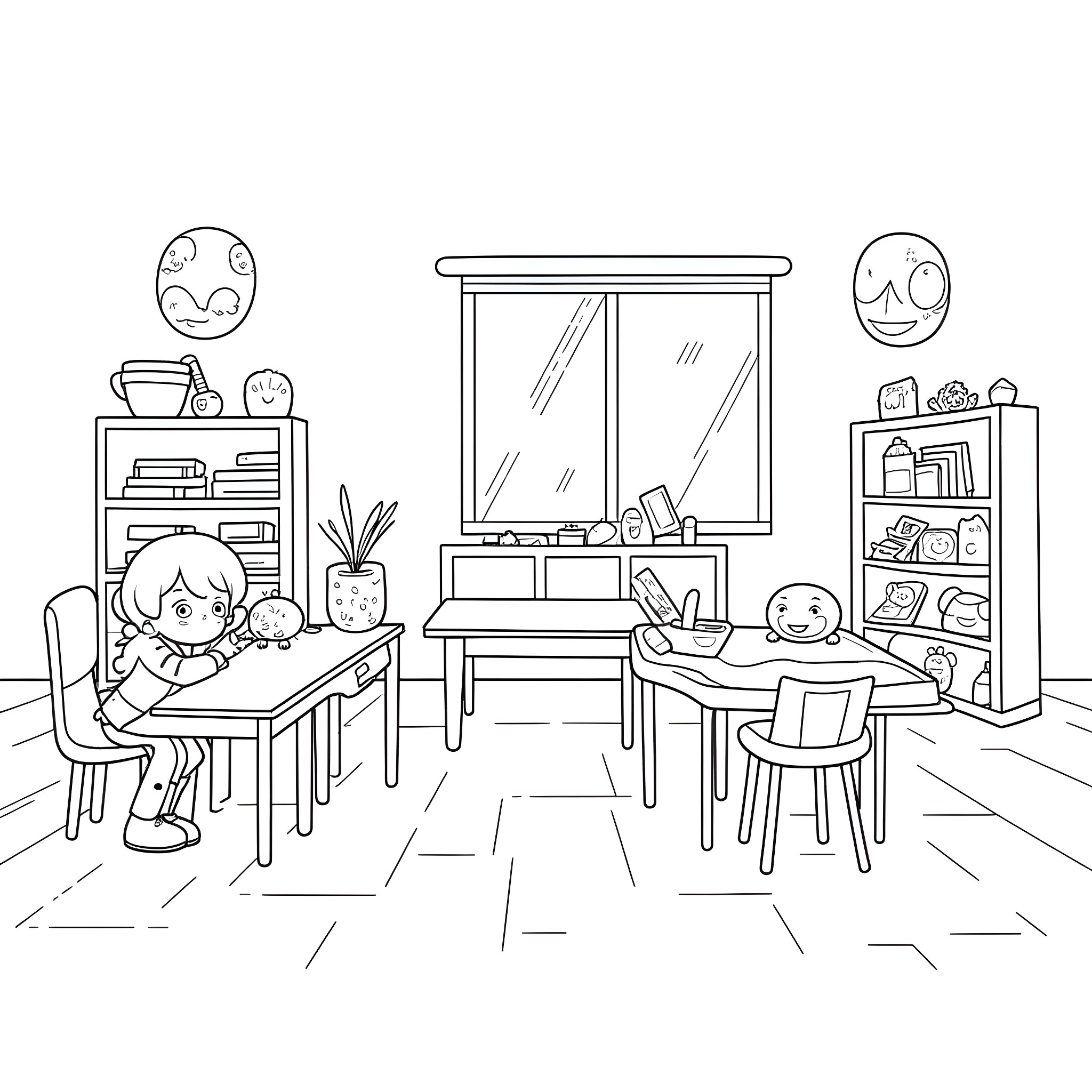 Class Activities in Classroom Setting Coloring Page (free black-and-white line drawing printable PDF for all, from beginners to advanced learners, including children, teens, adults, and seniors)