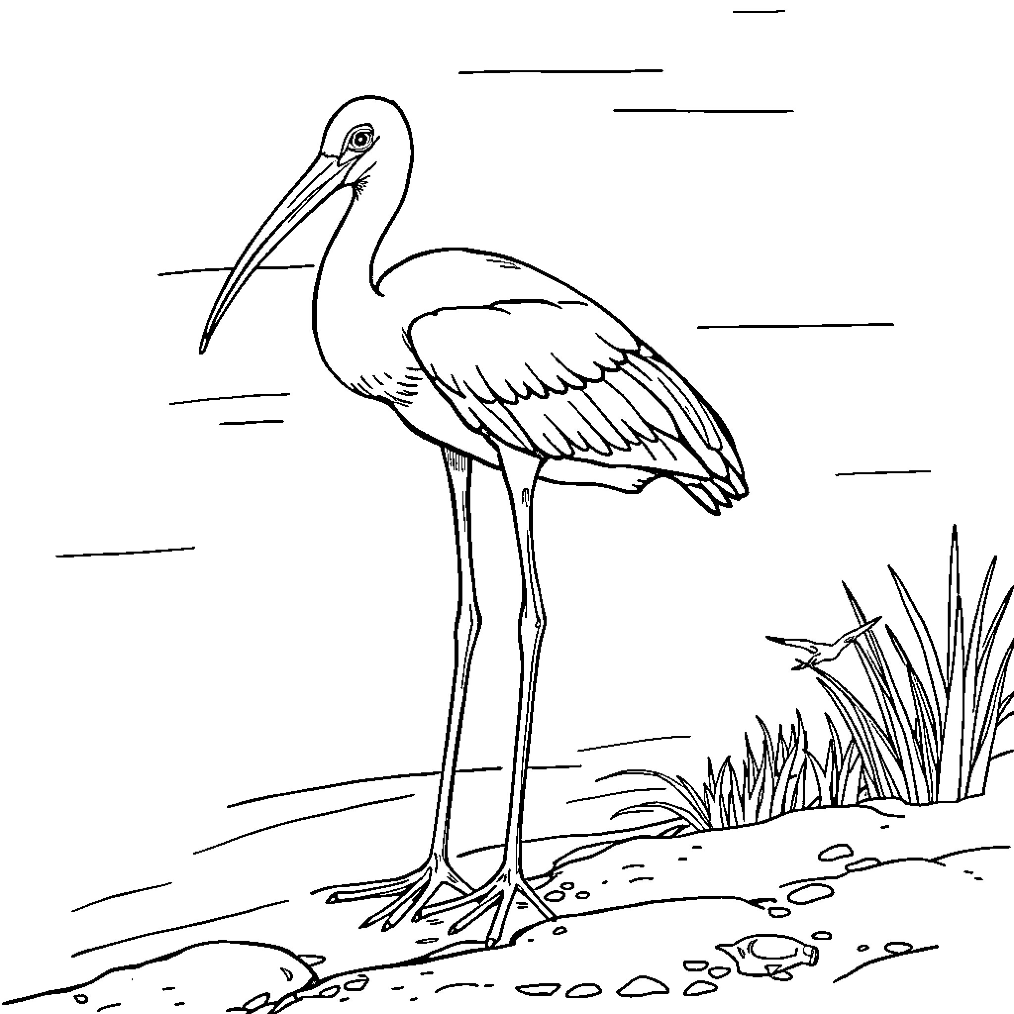 Ibis standing in natural habitat Coloring Page (free black-and-white line drawing printable PDF for all, from beginners to advanced learners, including children, teens, adults, and seniors)