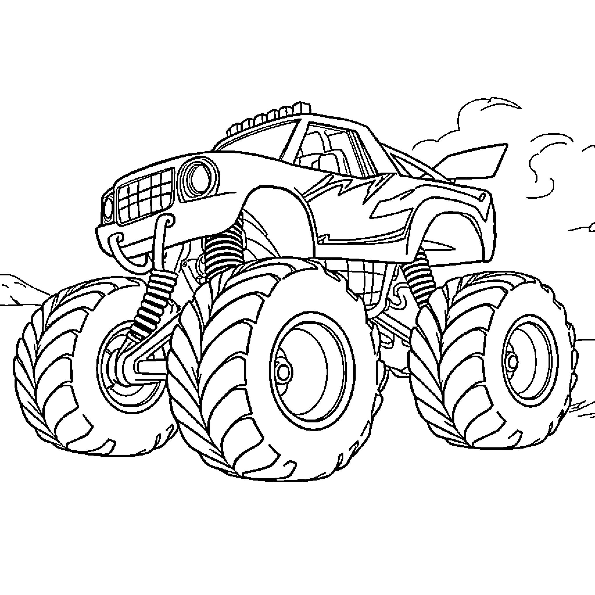 Monster Truck Crushing Through the Terrain Coloring Page (free black-and-white line drawing printable PDF for all, from beginners to advanced learners, including children, teens, adults, and seniors)