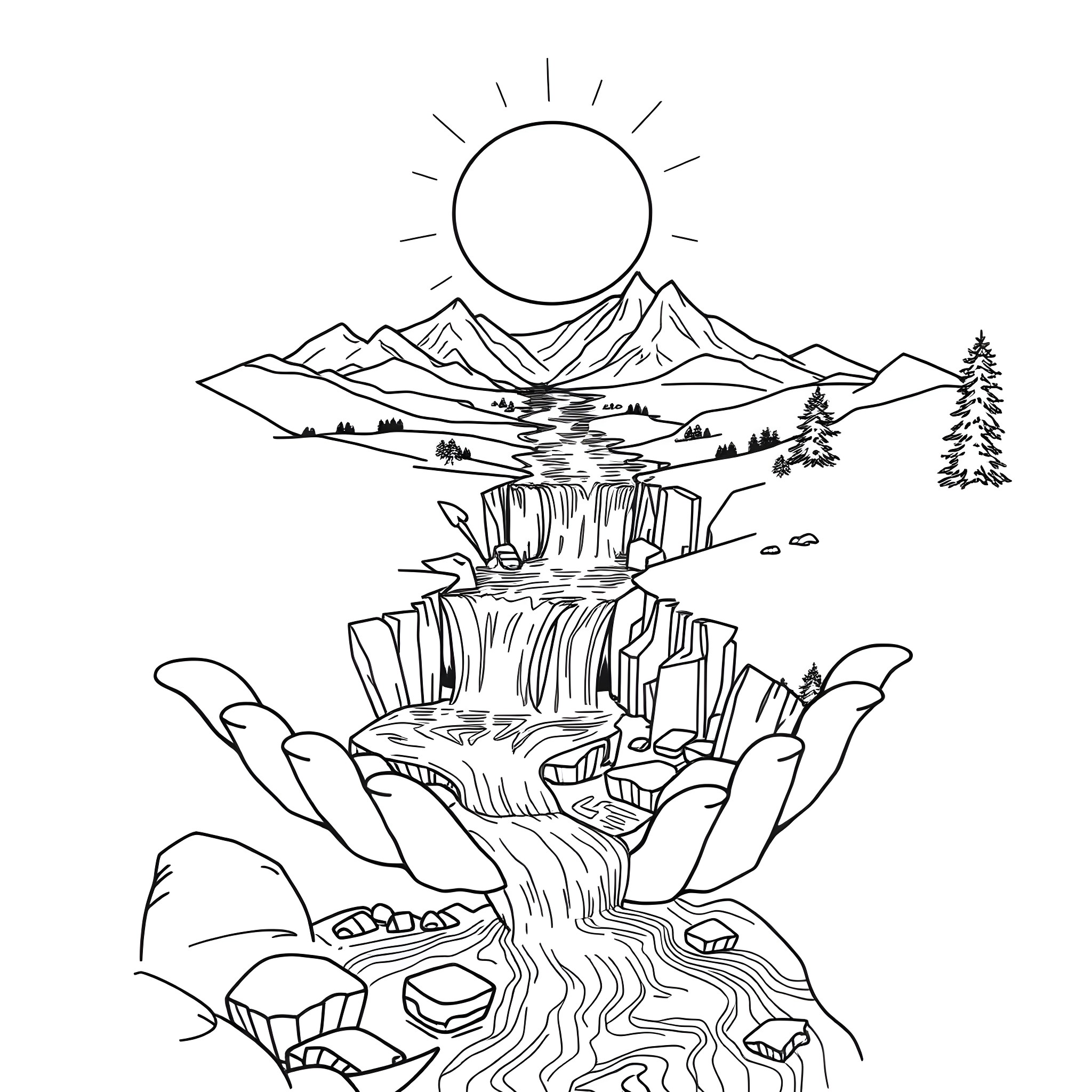 River flowing through the serene mountains landscape Coloring Page (free black-and-white line drawing printable PDF for all, from beginners to advanced learners, including children, teens, adults, and seniors)