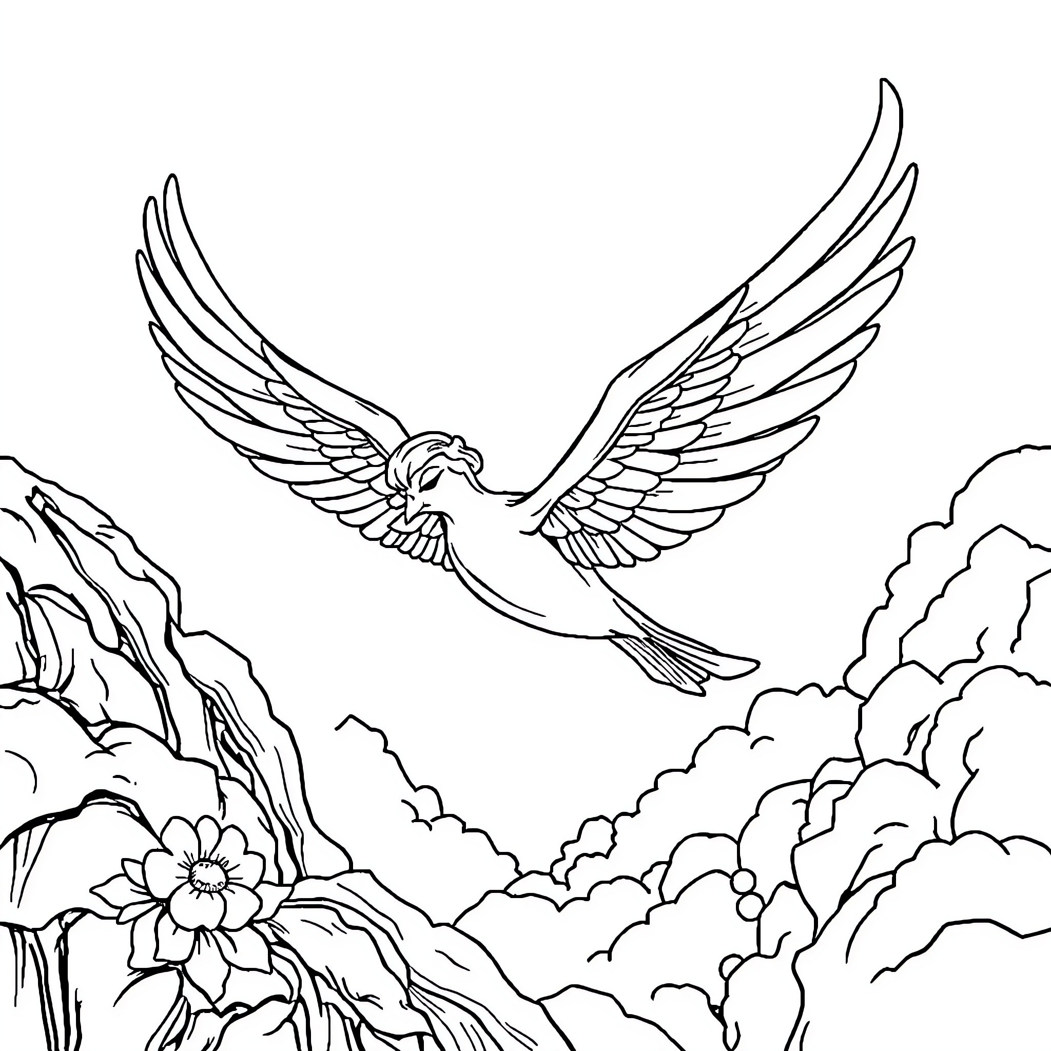 Engel Soaring Gracefully Through Celestial Landscape Coloring Page (free black-and-white line drawing printable PDF for all, from beginners to advanced learners, including children, teens, adults, and seniors)
