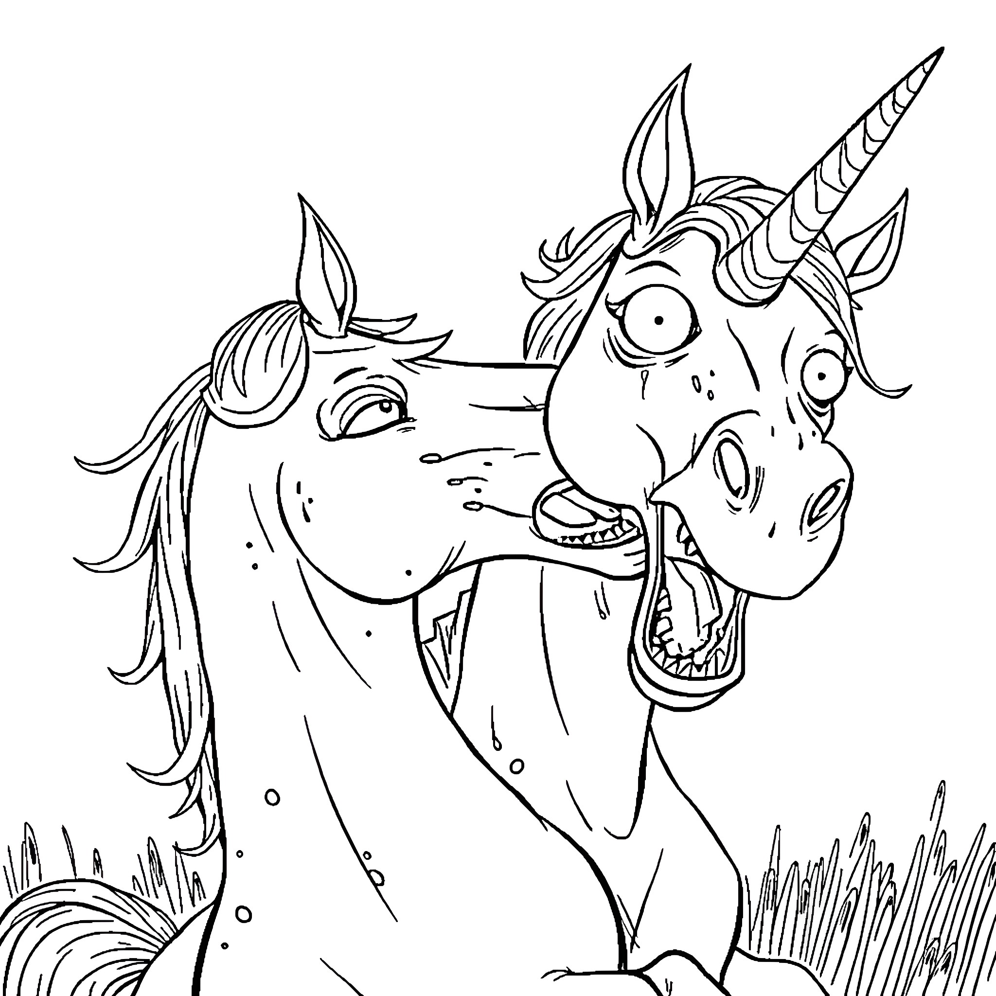 Zombie Unicorn in a Silly Expression Coloring Page (free black-and-white line drawing printable PDF for all, from beginners to advanced learners, including children, teens, adults, and seniors)