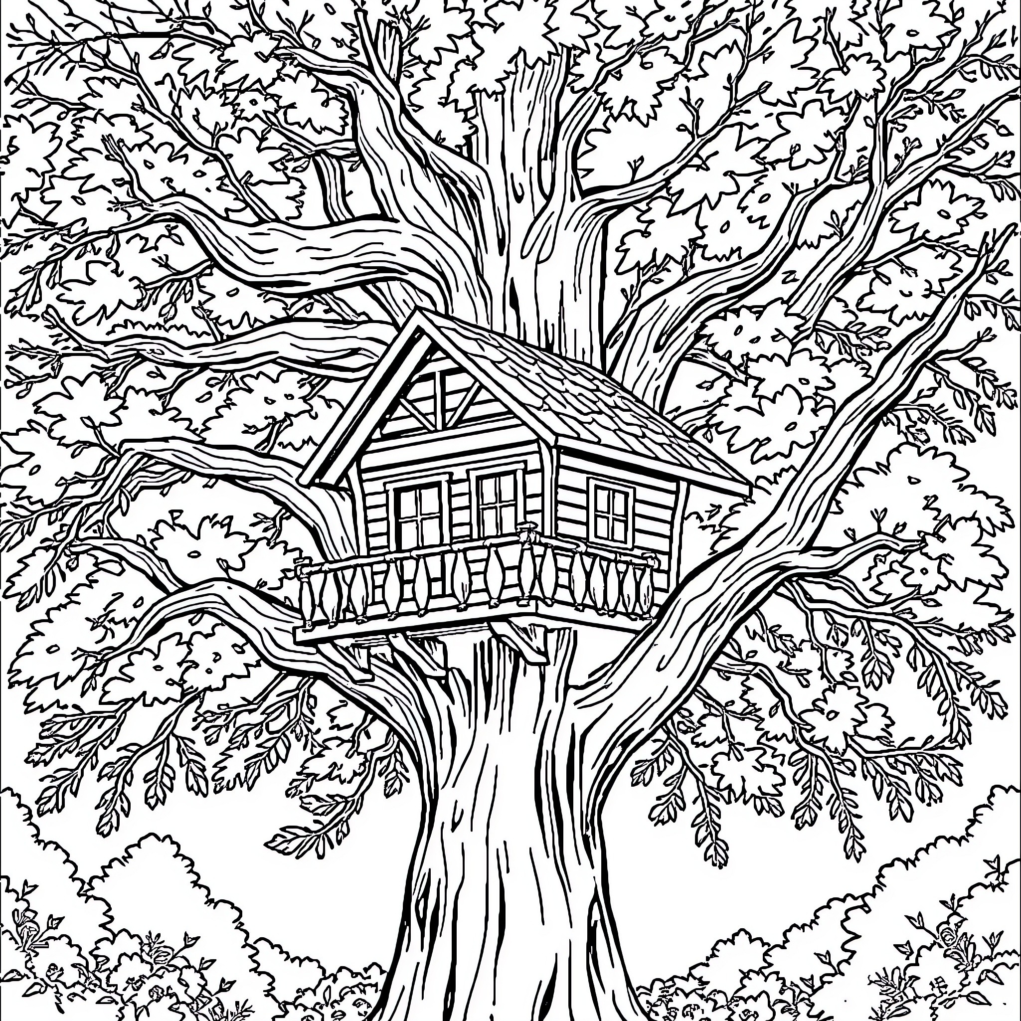 Tree House in Magical Forest Canopy Coloring Page (free black-and-white line drawing printable PDF for all, from beginners to advanced learners, including children, teens, adults, and seniors)