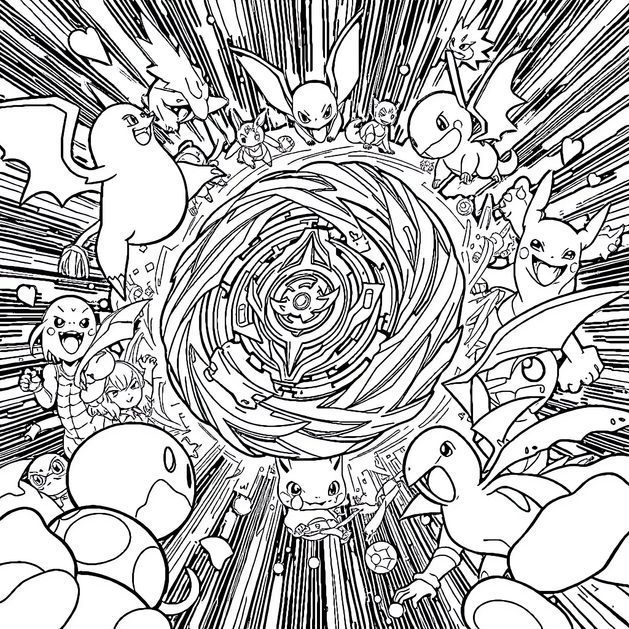 Beyblade Tournament with Spirited Combatants Coloring Page (free black-and-white line drawing printable PDF for all, from beginners to advanced learners, including children, teens, adults, and seniors)