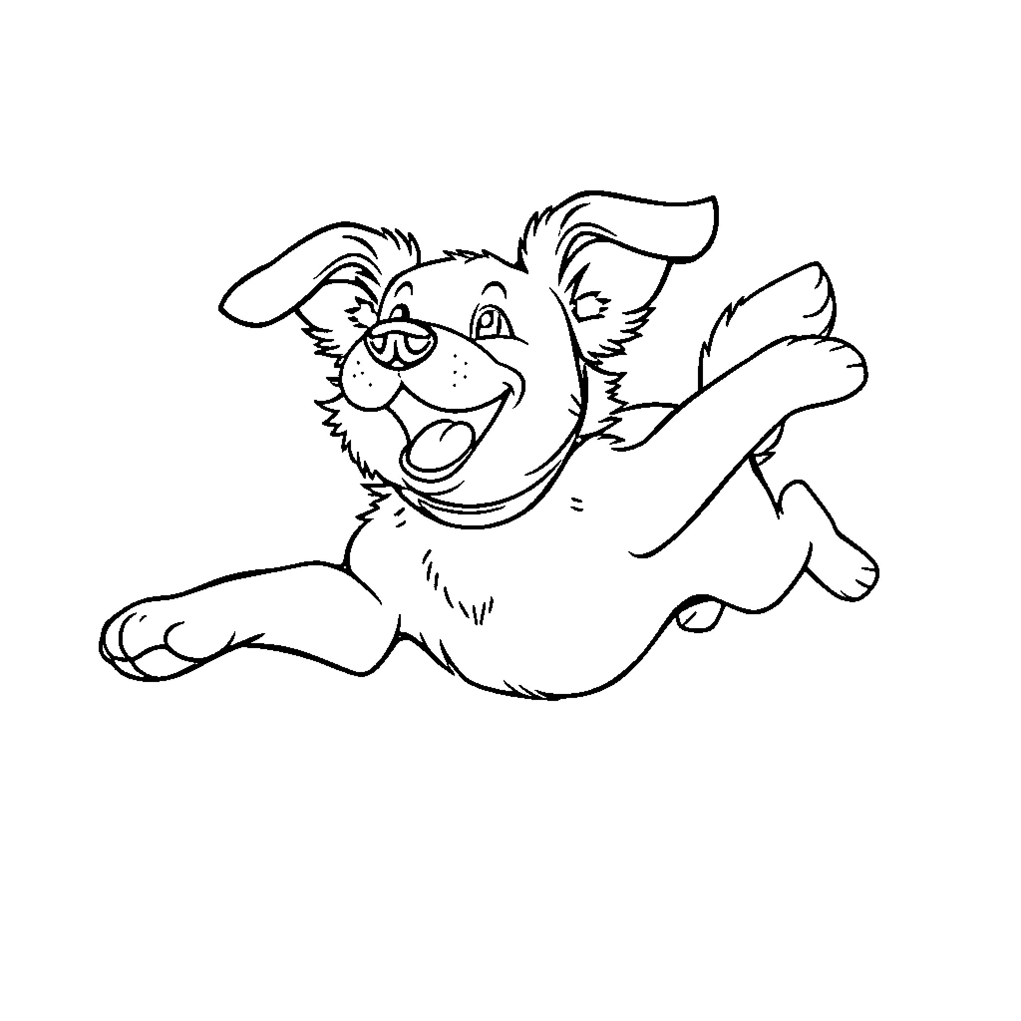 Dog joyfully running and jumping Coloring Page (free black-and-white line drawing printable PDF for all, from beginners to advanced learners, including children, teens, adults, and seniors)