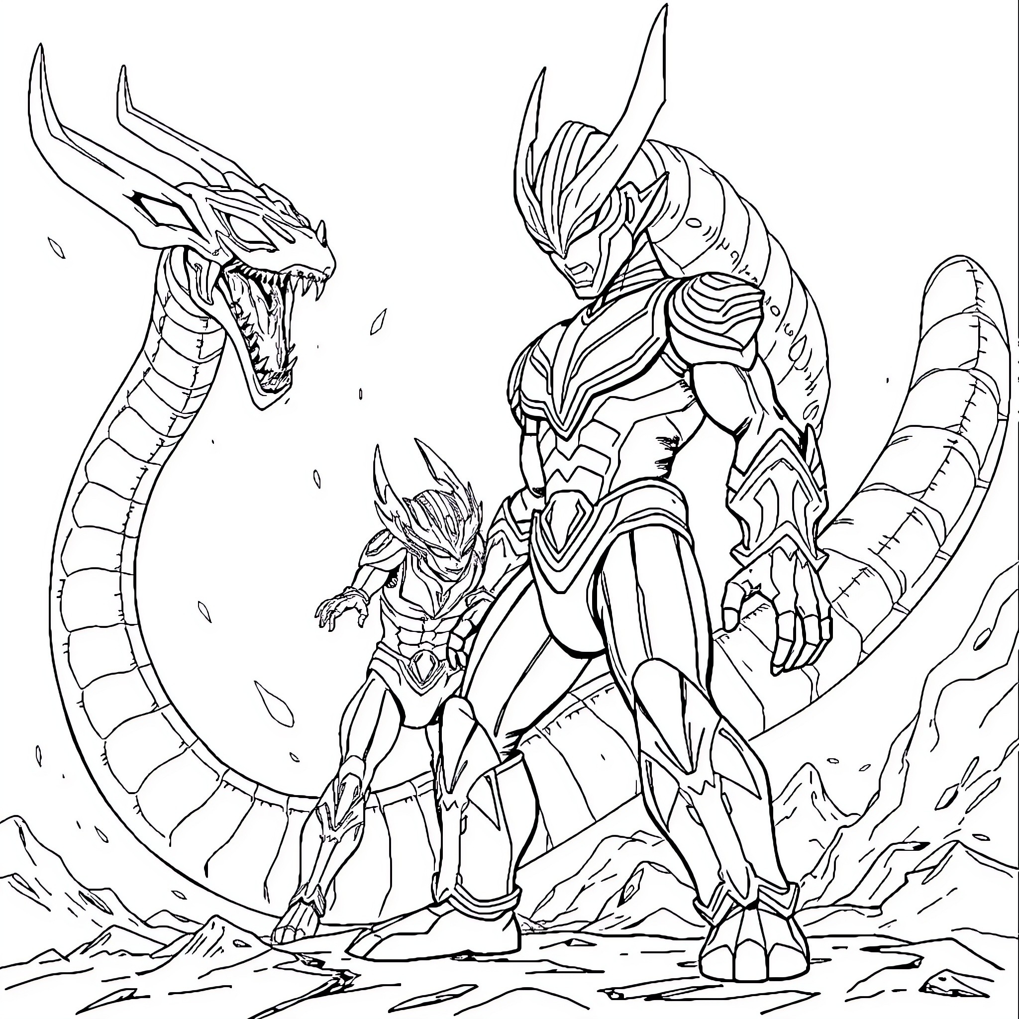 Ultraman battles fierce dragons in epic showdown Coloring Page (free black-and-white line drawing printable PDF for all, from beginners to advanced learners, including children, teens, adults, and seniors)