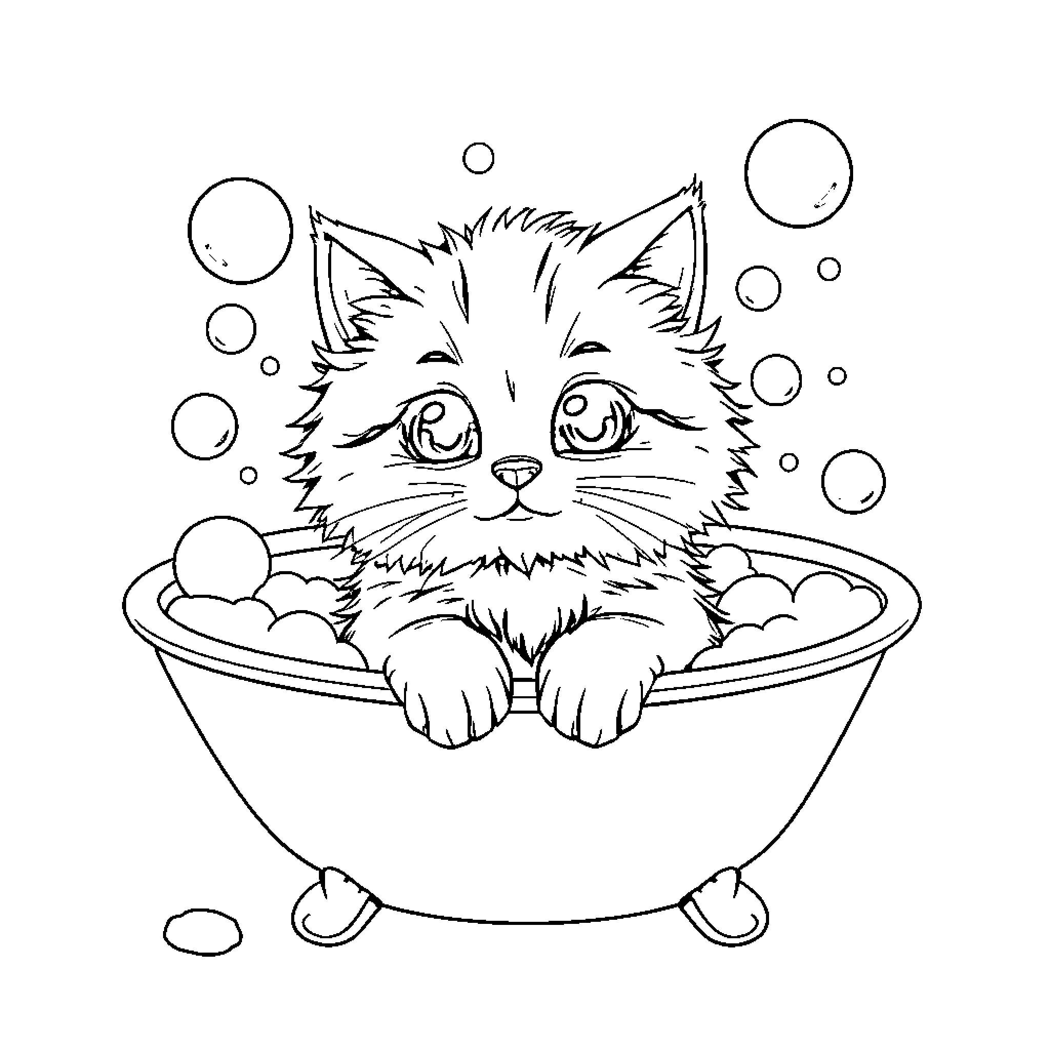 Cat enjoying a bubbly bath Coloring Page (free black-and-white line drawing printable PDF for all, from beginners to advanced learners, including children, teens, adults, and seniors)