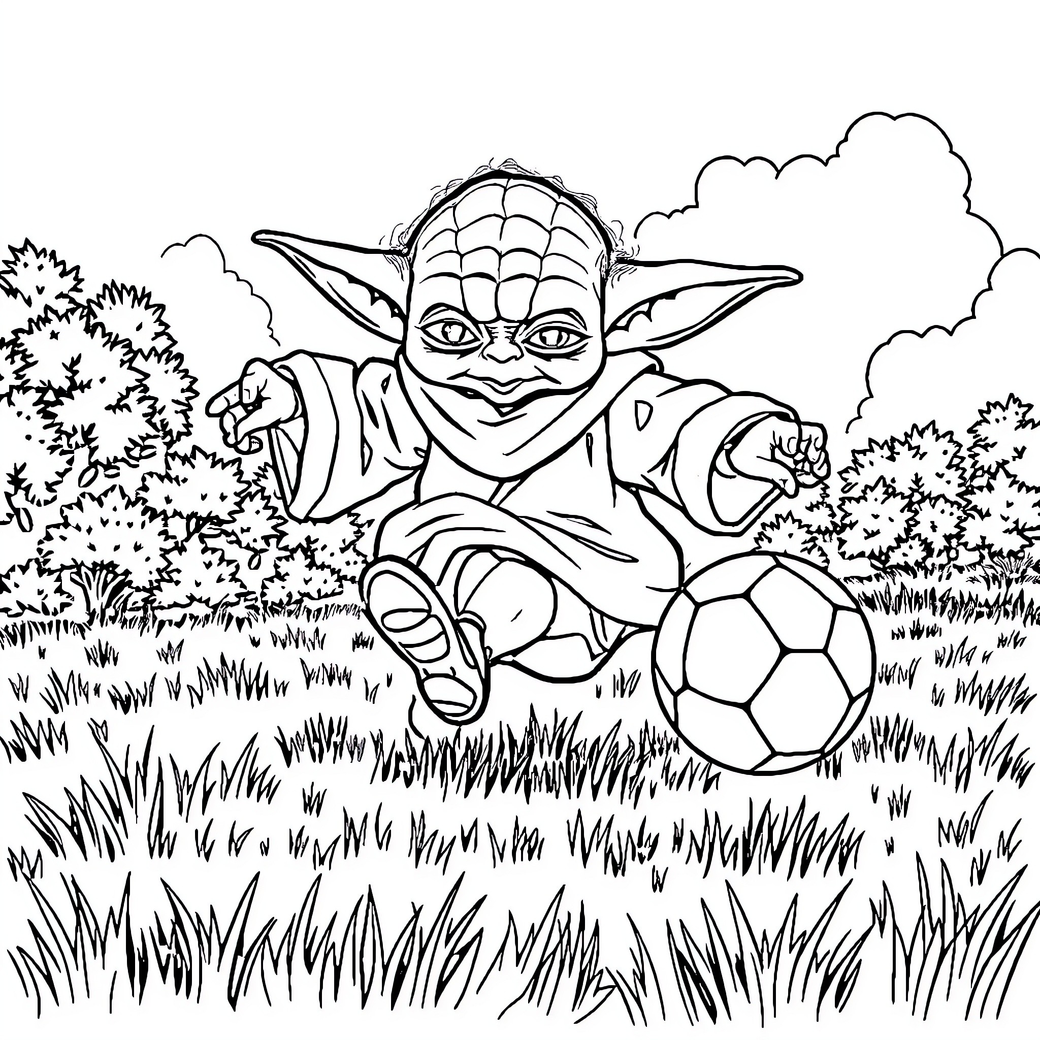 Yoda playing with soccer ball in field Coloring Page (free black-and-white line drawing printable PDF for all, from beginners to advanced learners, including children, teens, adults, and seniors)
