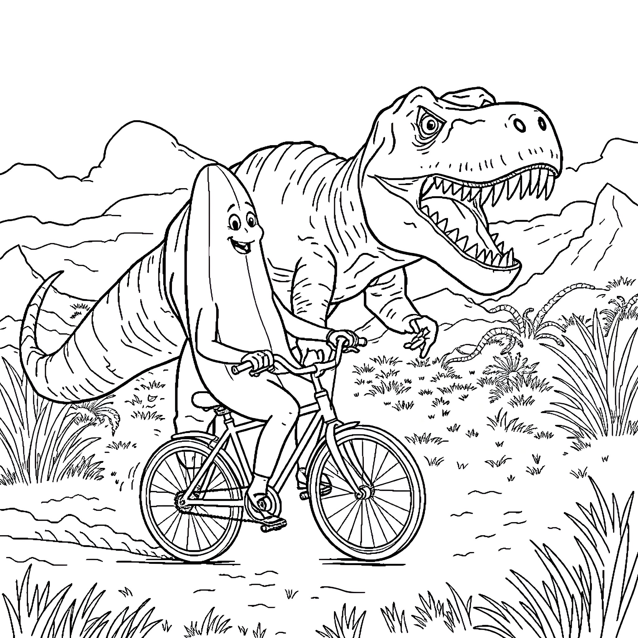 Banana-shaped dinosaurs riding bicycles in a prehistoric landscape Coloring Page (free black-and-white line drawing printable PDF for all, from beginners to advanced learners, including children, teens, adults, and seniors)