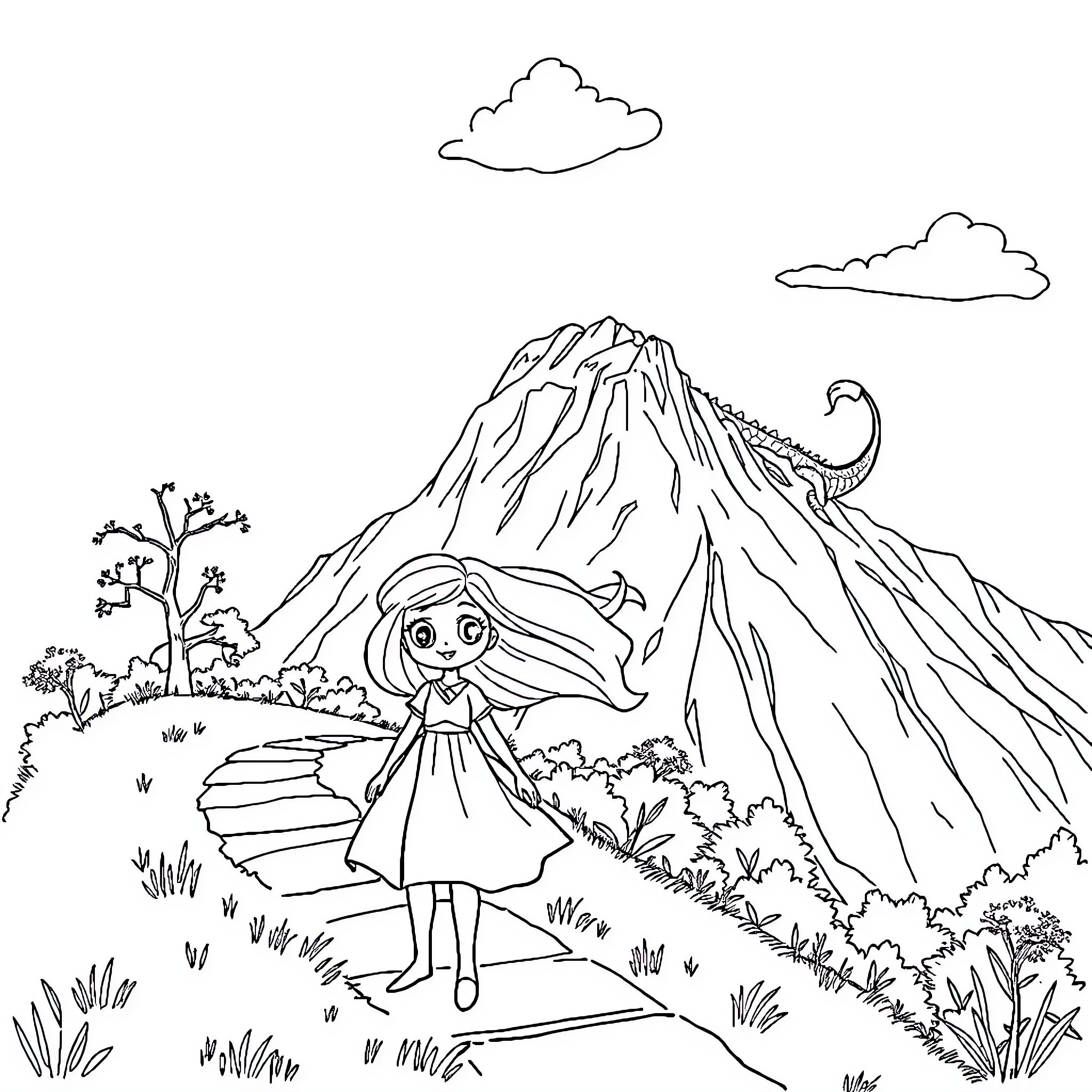 Girl exploring majestic mountain landscape Coloring Page (free black-and-white line drawing printable PDF for all, from beginners to advanced learners, including children, teens, adults, and seniors)