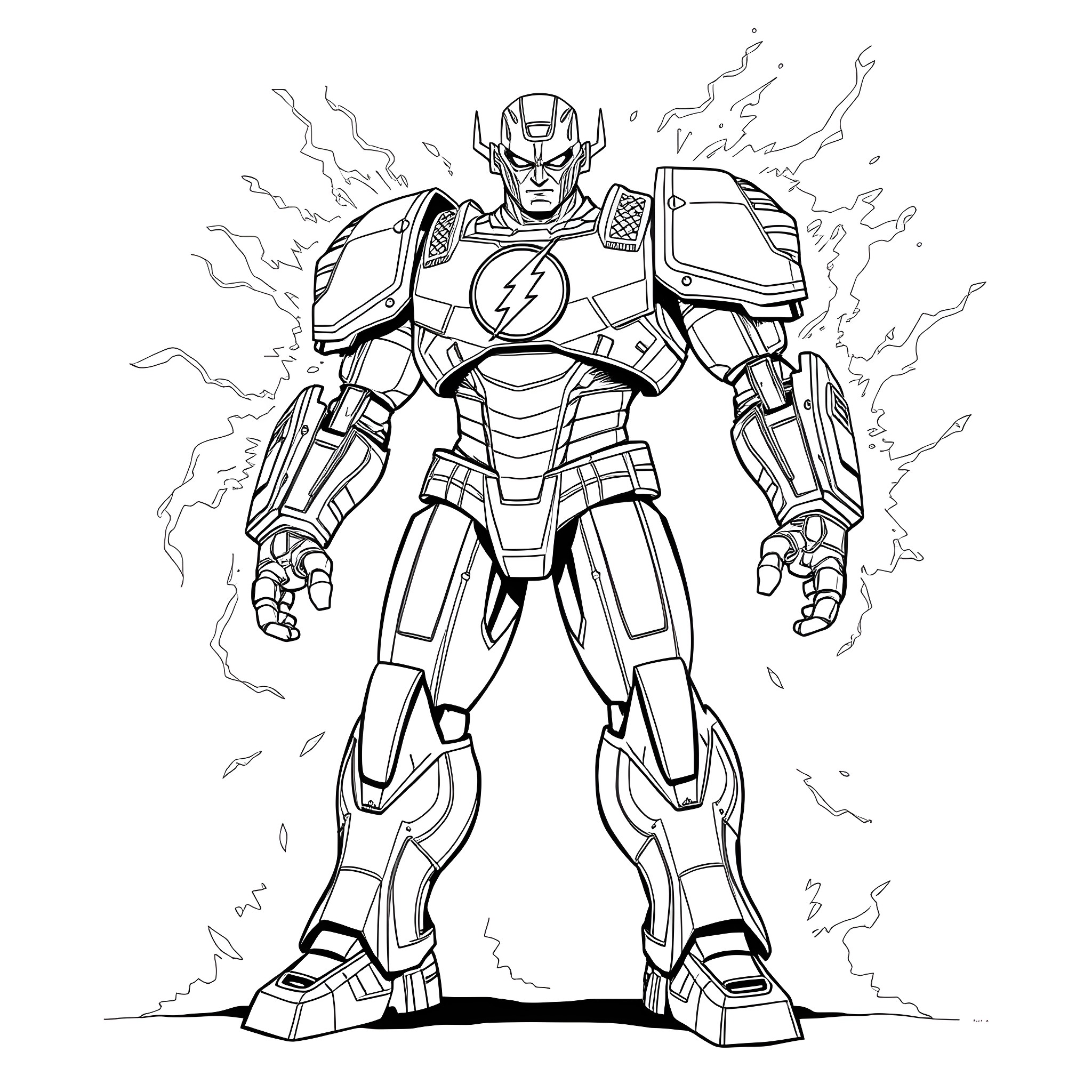 Justice Buster Unleashes Electrifying Power Coloring Page (free black-and-white line drawing printable PDF for all, from beginners to advanced learners, including children, teens, adults, and seniors)