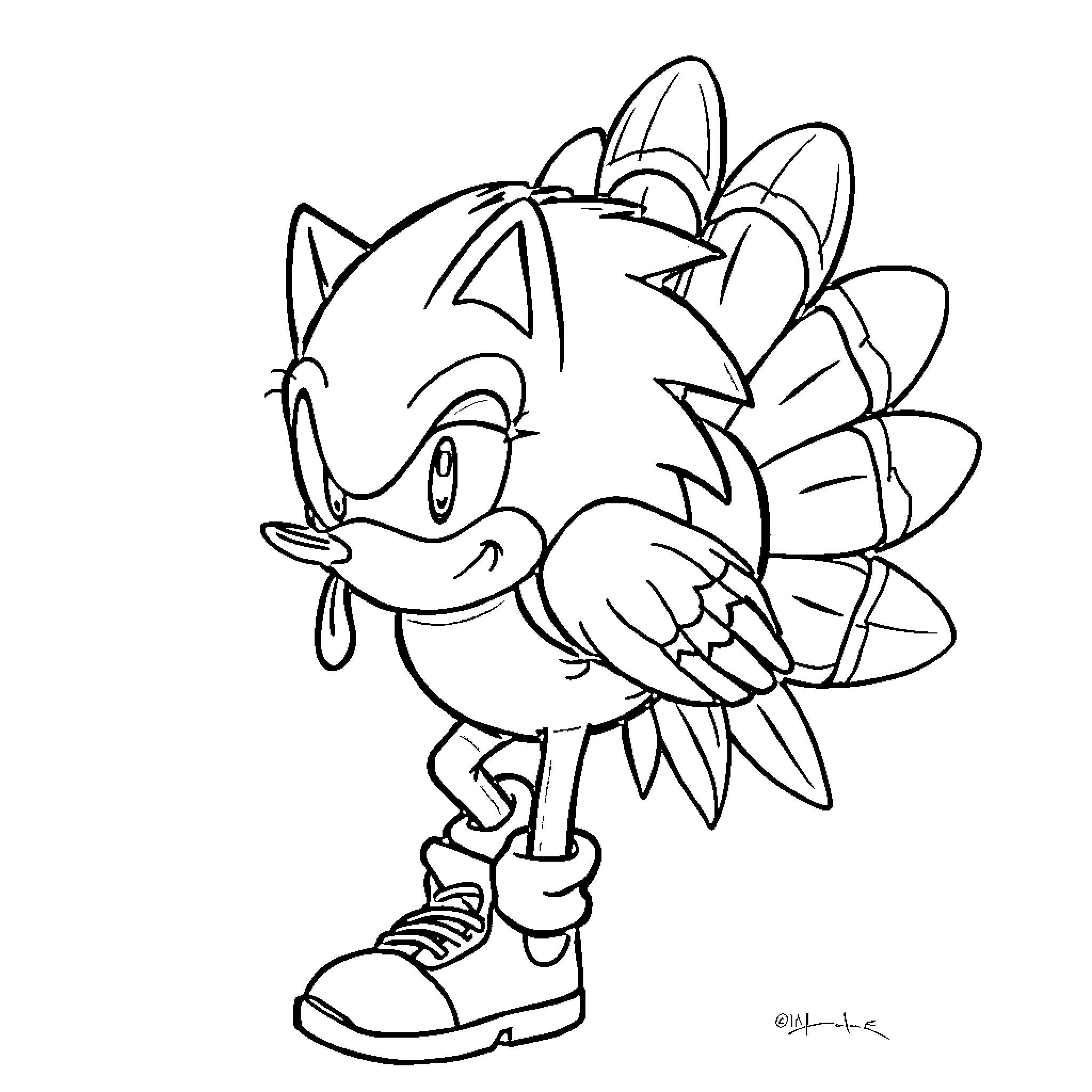 Turkey-shaped Hedgehog in Sneakers Coloring Page (free black-and-white line drawing printable PDF for all, from beginners to advanced learners, including children, teens, adults, and seniors)