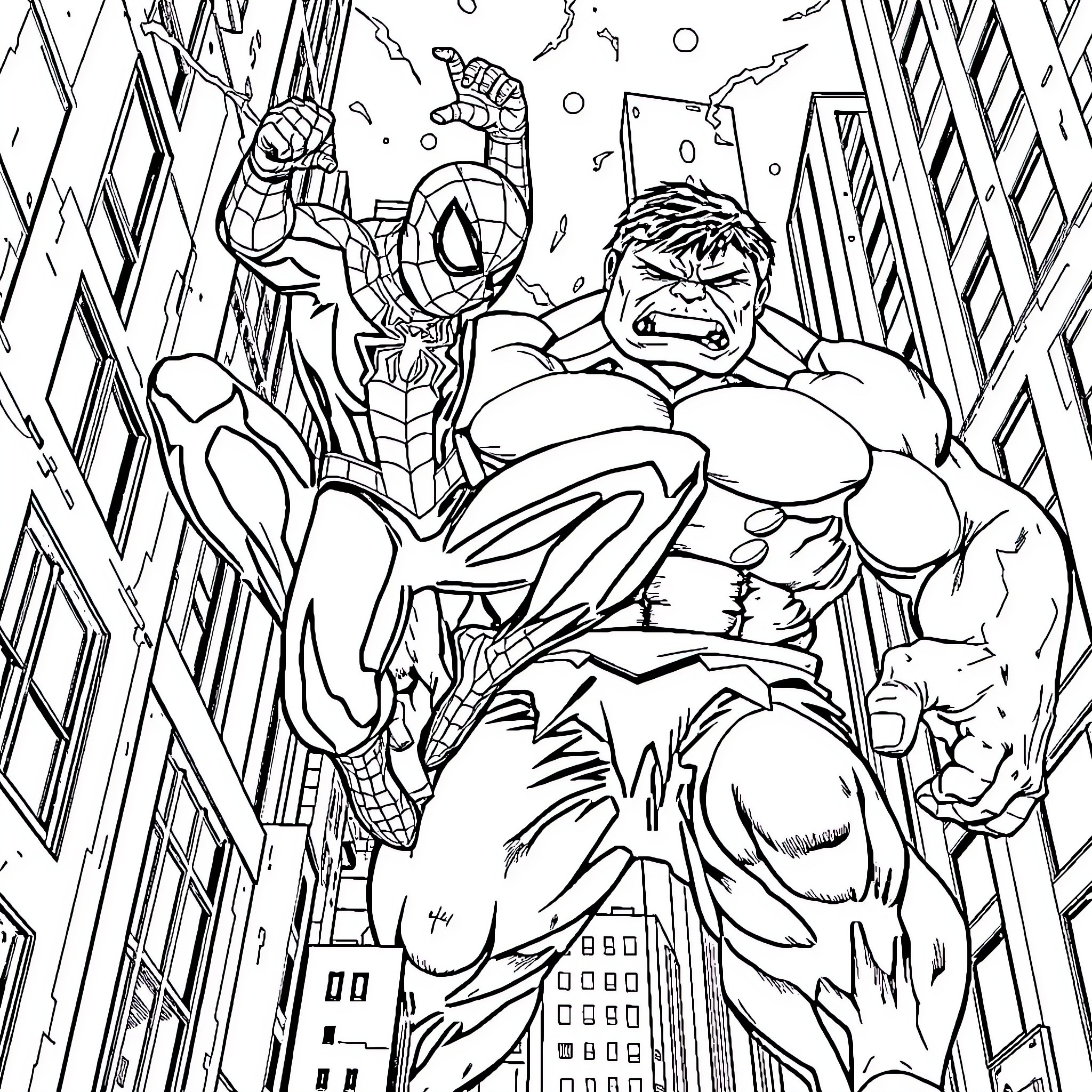 Spider-Man battles the Hulk in the city Coloring Page (free black-and-white line drawing printable PDF for all, from beginners to advanced learners, including children, teens, adults, and seniors)