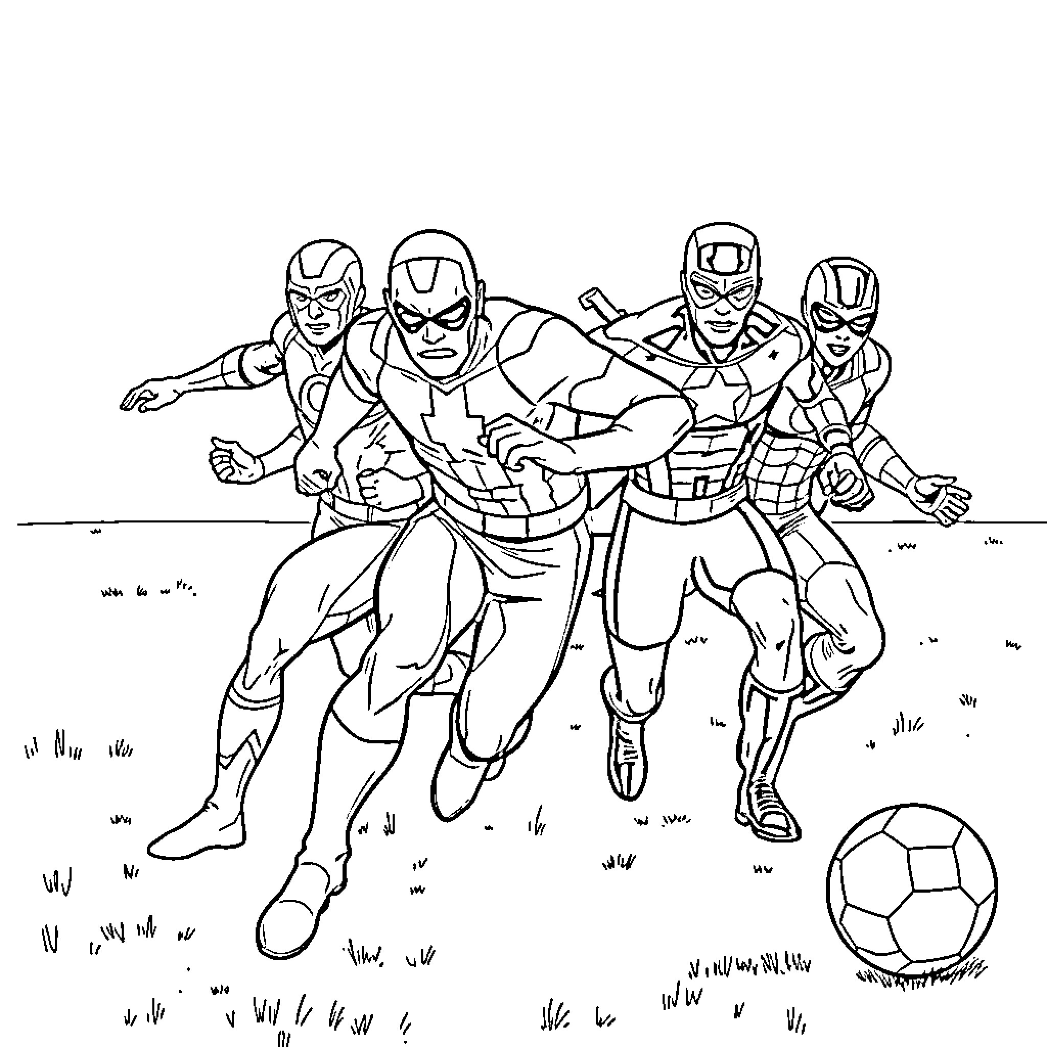 Marvel Heroes Battling in Sports Gear Coloring Page (free black-and-white line drawing printable PDF for all, from beginners to advanced learners, including children, teens, adults, and seniors)