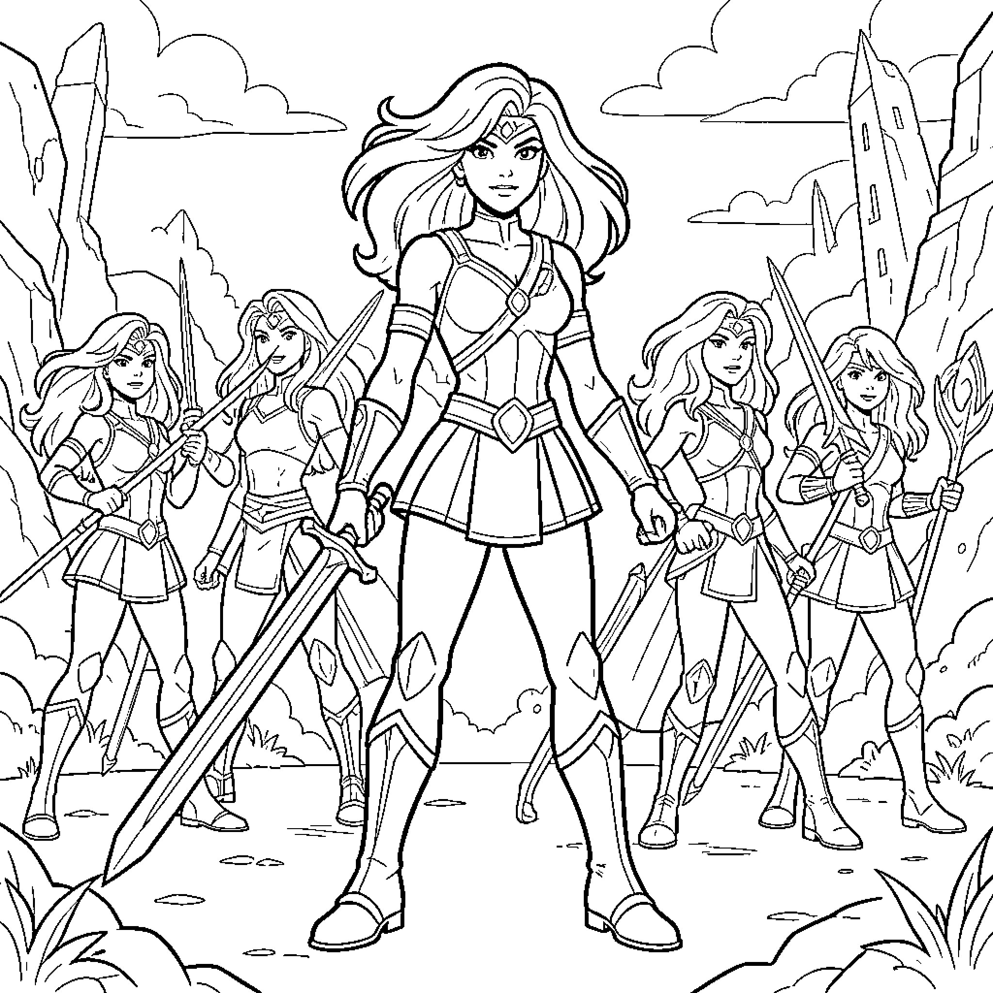 She-Ra and her warriors standing heroically with swords Coloring Page (free black-and-white line drawing printable PDF for all, from beginners to advanced learners, including children, teens, adults, and seniors)