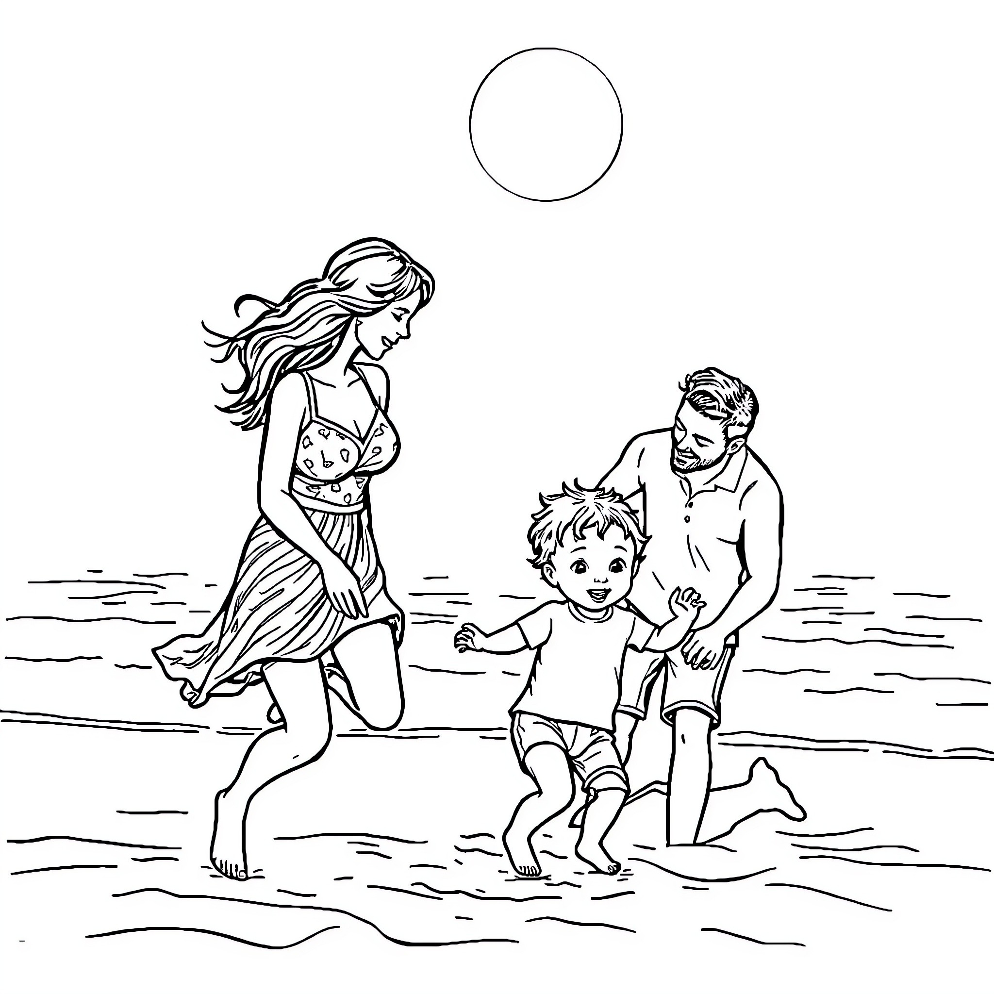 Family enjoying a day at the beach Coloring Page (free black-and-white line drawing printable PDF for all, from beginners to advanced learners, including children, teens, adults, and seniors)