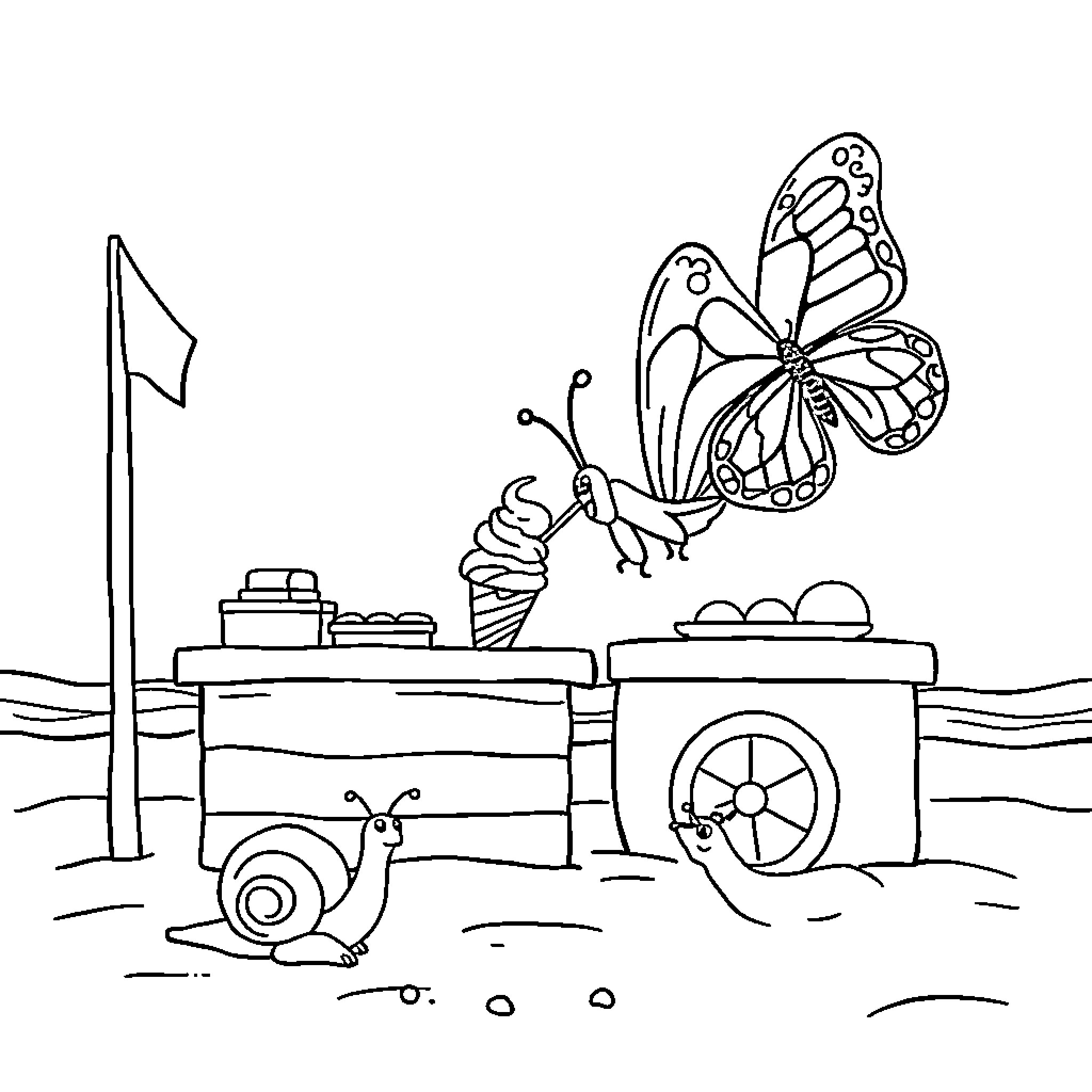 Butterfly takes flight from decorated wagon in countryside Coloring Page (free black-and-white line drawing printable PDF for all, from beginners to advanced learners, including children, teens, adults, and seniors)