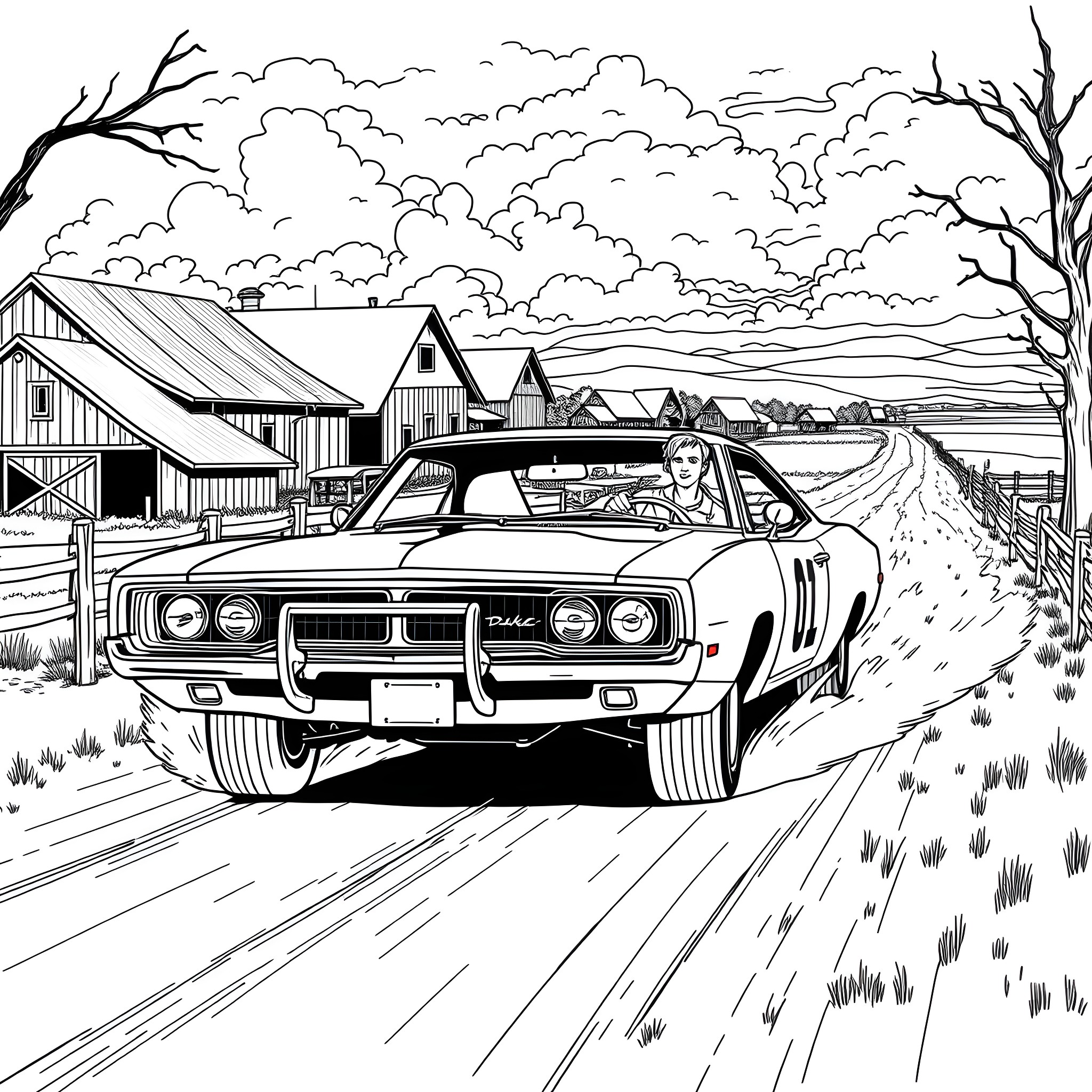 Duke's Speedy Drive Through the Country Coloring Page (free black-and-white line drawing printable PDF for all, from beginners to advanced learners, including children, teens, adults, and seniors)