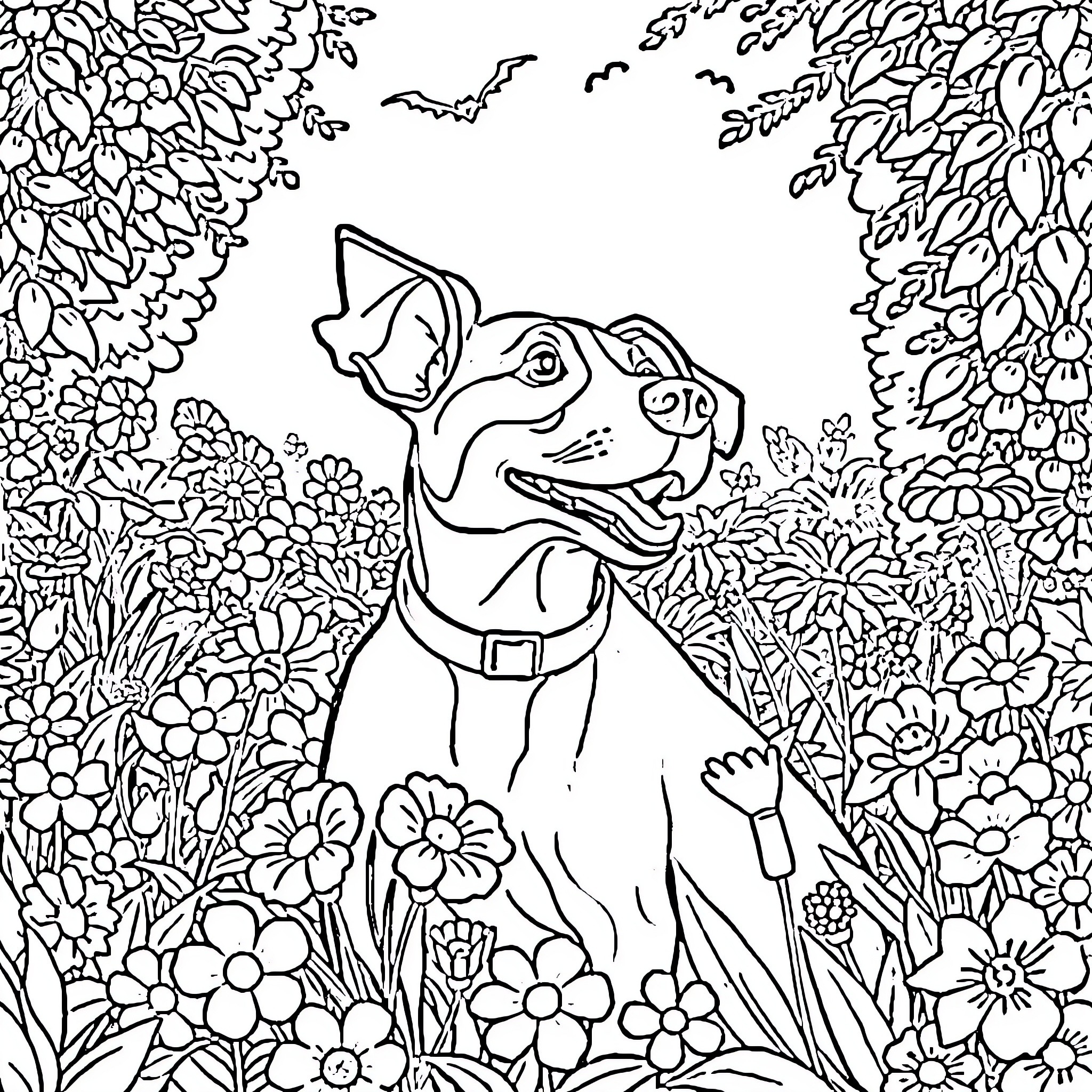 Jack Russell enjoying nature in a floral garden Coloring Page (free black-and-white line drawing printable PDF for all, from beginners to advanced learners, including children, teens, adults, and seniors)