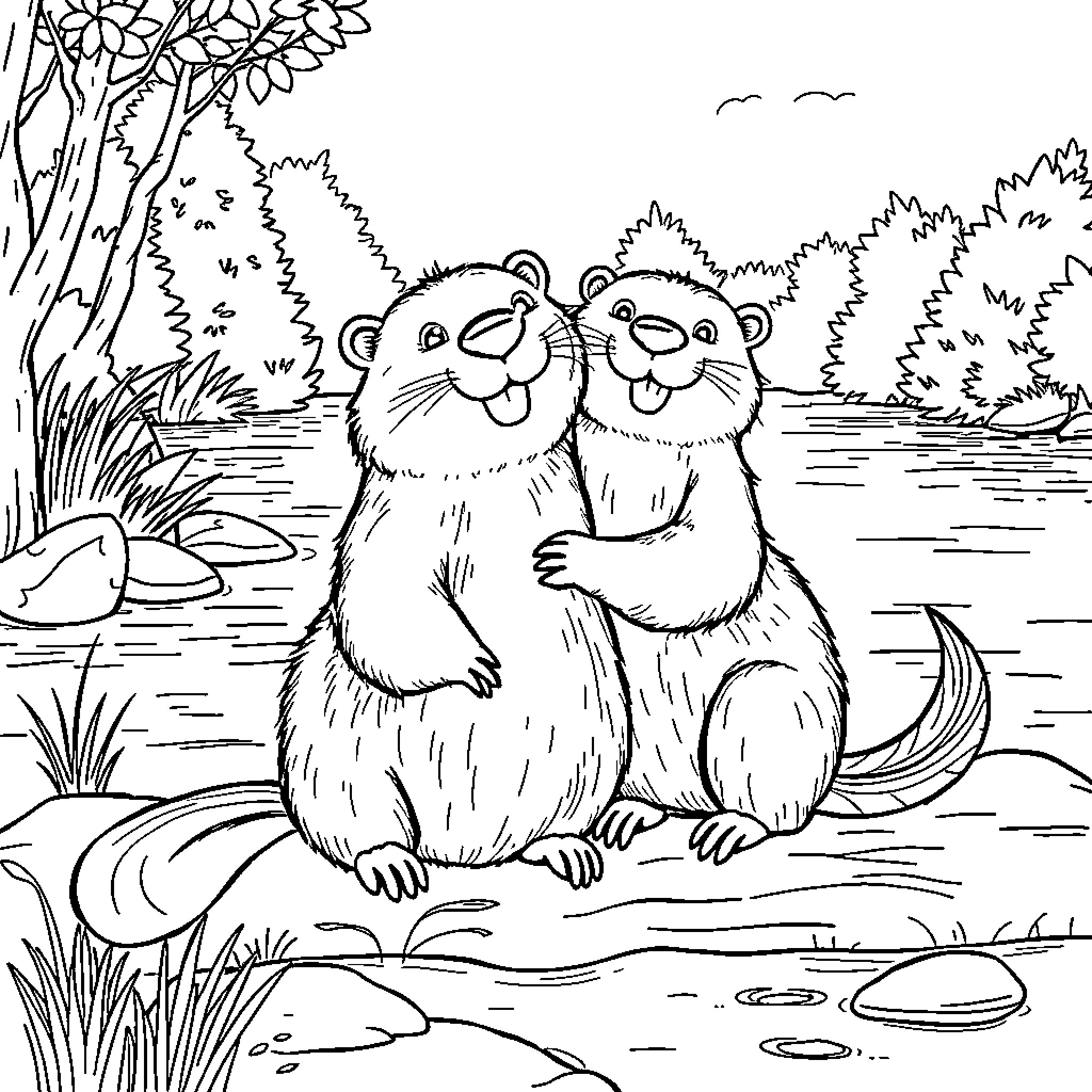 Beaver couple relaxing by the pond Coloring Page (free black-and-white line drawing printable PDF for all, from beginners to advanced learners, including children, teens, adults, and seniors)