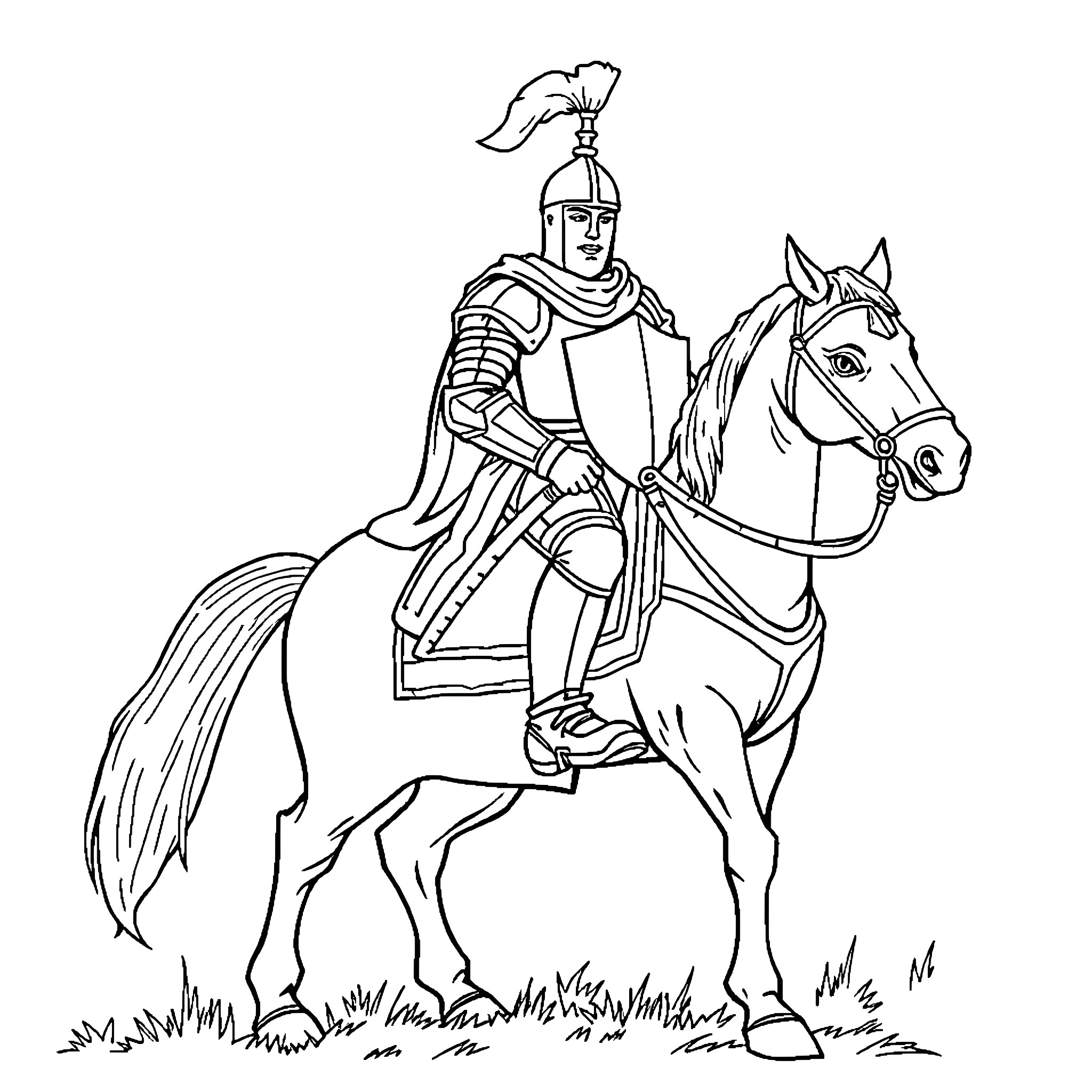 Knight riding horse in battle gear Coloring Page (free black-and-white line drawing printable PDF for all, from beginners to advanced learners, including children, teens, adults, and seniors)