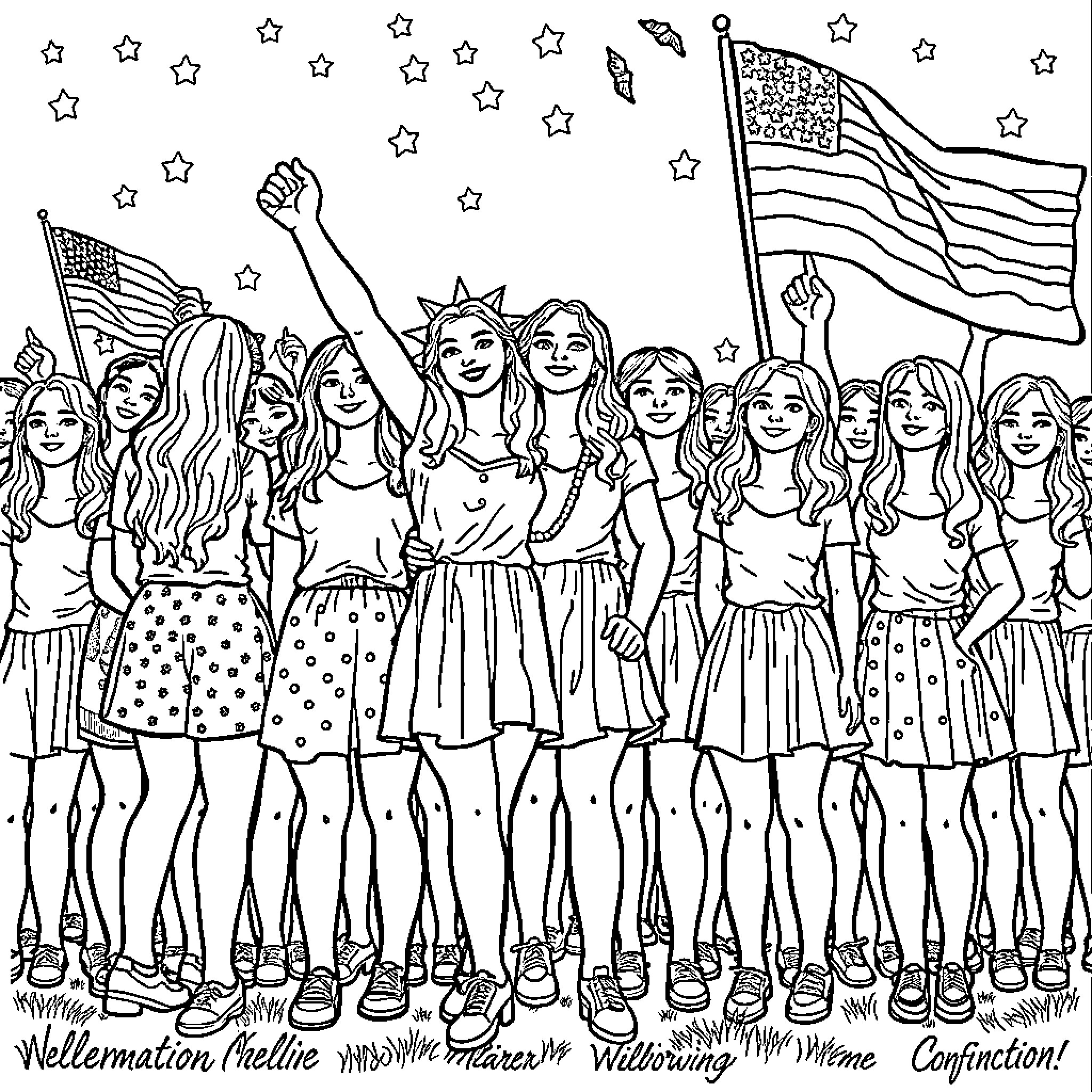 American Girl Celebrating Independence with Flags and Friends Coloring Page (free black-and-white line drawing printable PDF for all, from beginners to advanced learners, including children, teens, adults, and seniors)