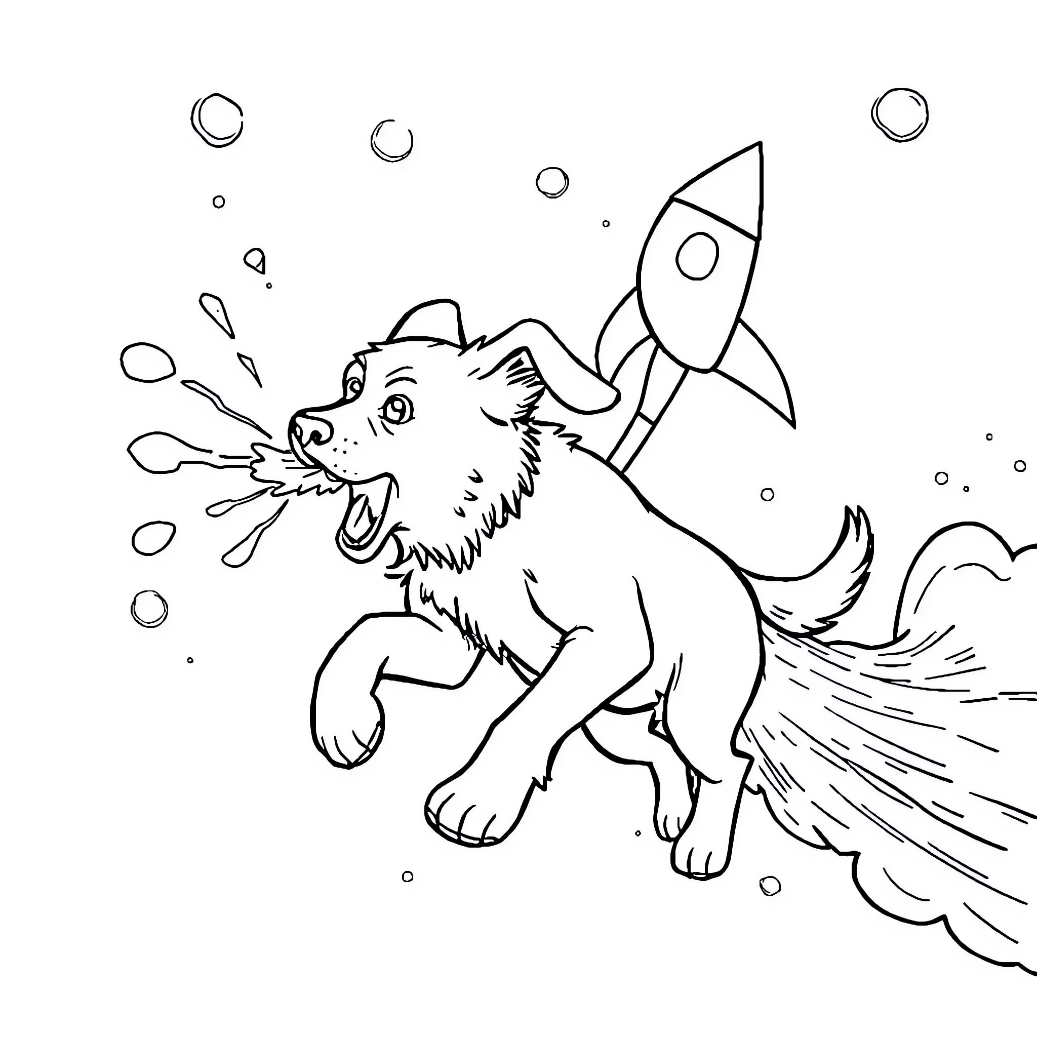 Dog flying with rocket in space Coloring Page (free black-and-white line drawing printable PDF for all, from beginners to advanced learners, including children, teens, adults, and seniors)