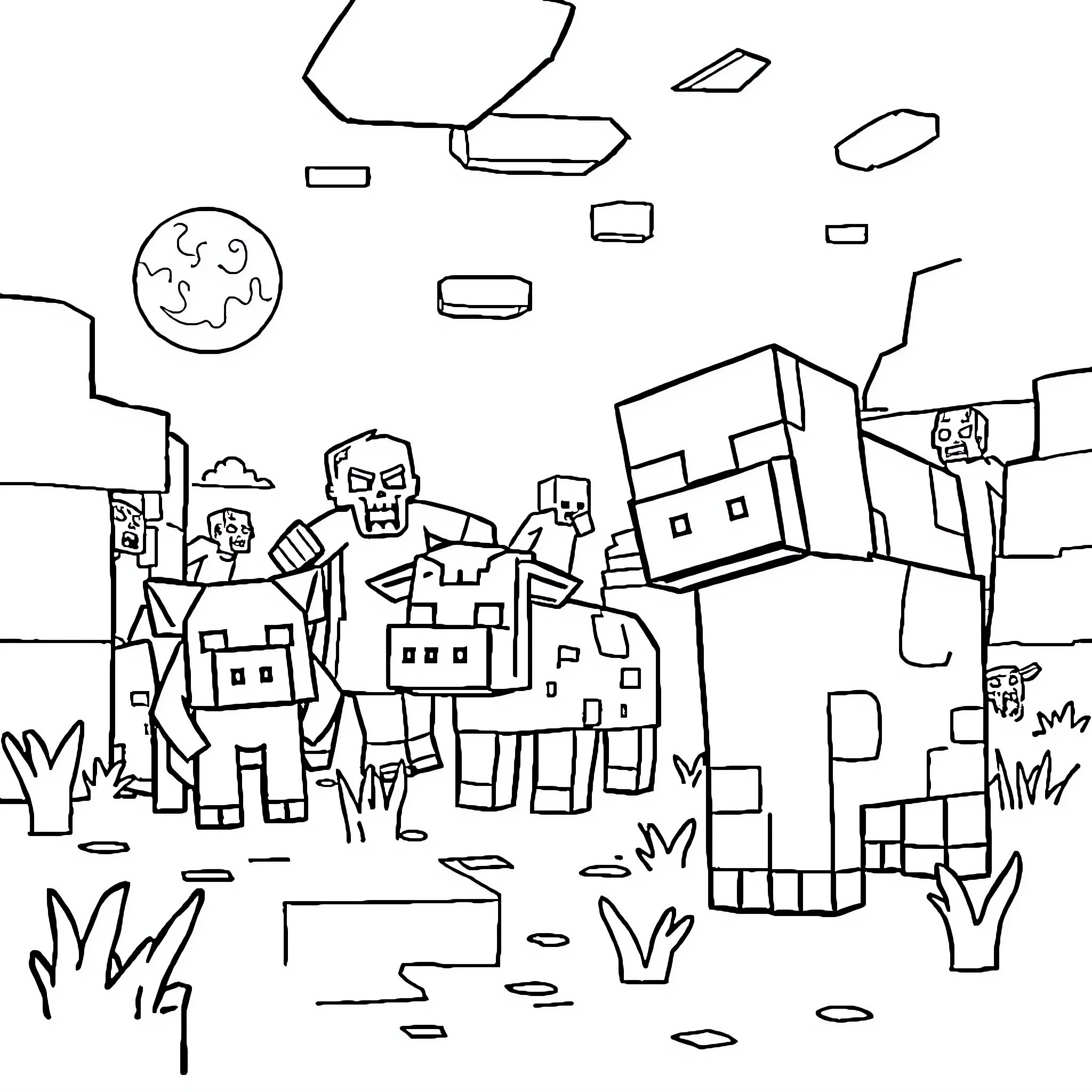 Minecraft characters exploring a blocky landscape Coloring Page (free black-and-white line drawing printable PDF for all, from beginners to advanced learners, including children, teens, adults, and seniors)