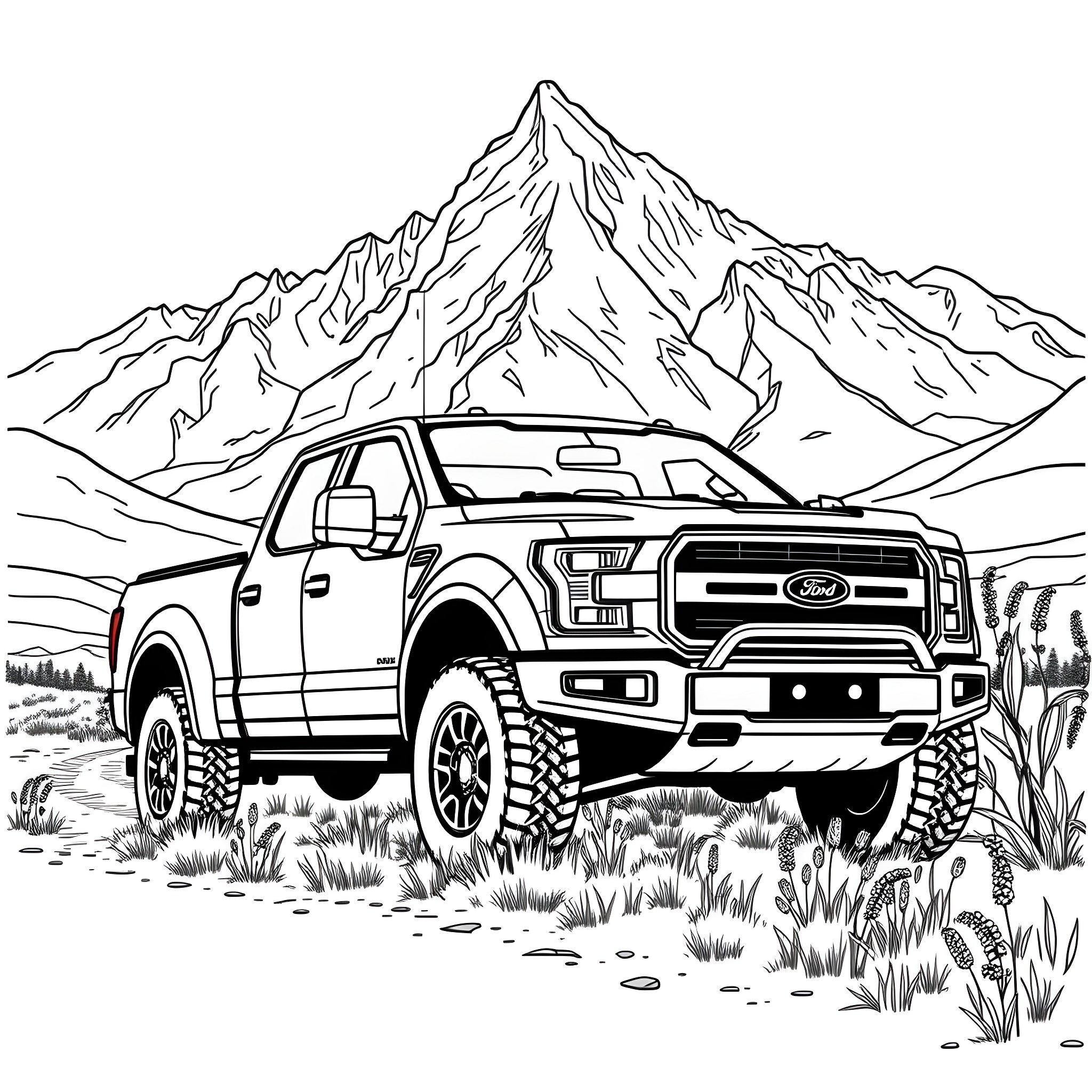 Pick Up Truck Navigating Rugged Terrain Coloring Page (free black-and-white line drawing printable PDF for all, from beginners to advanced learners, including children, teens, adults, and seniors)