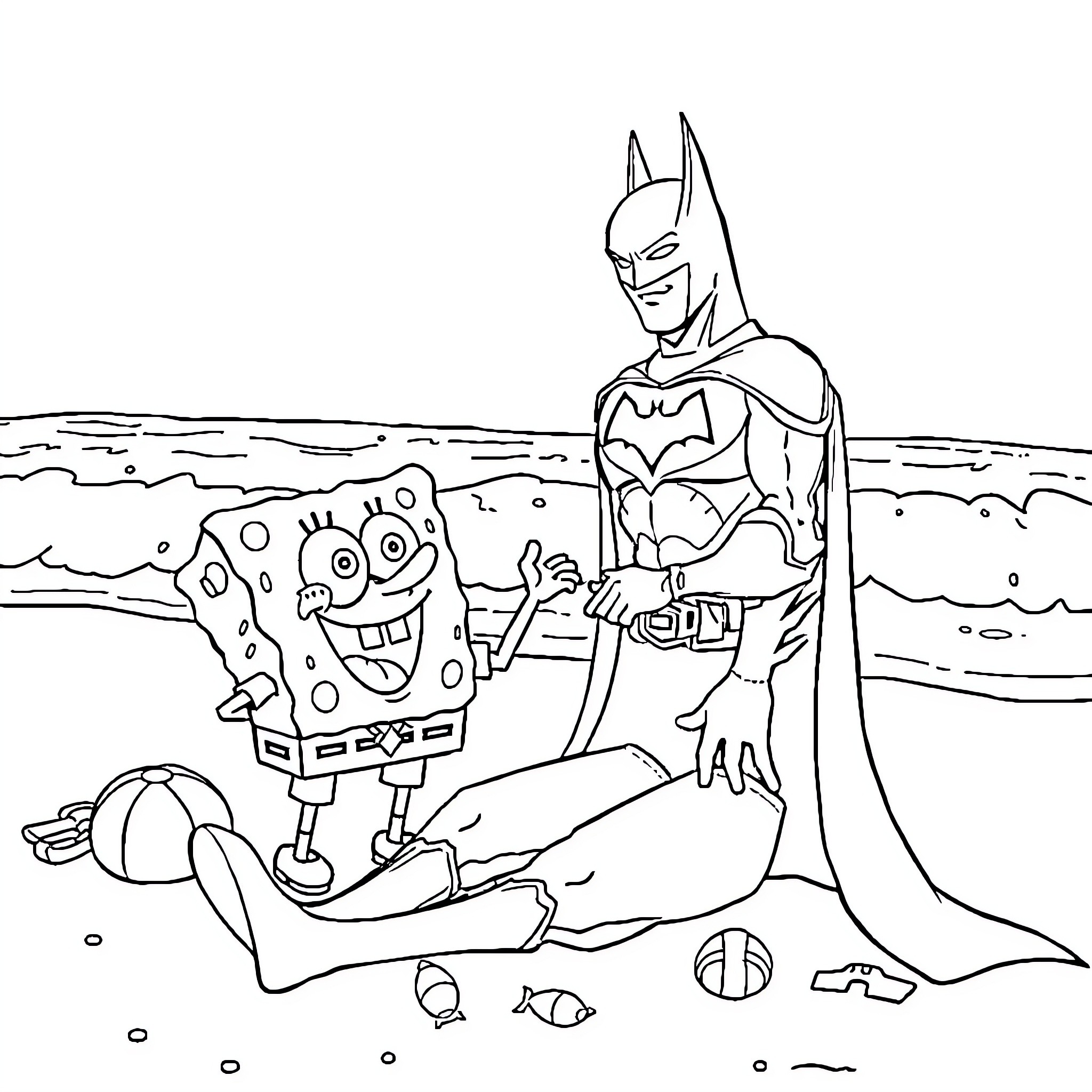 Batman and SpongeBob adventuring on the beach Coloring Page (free black-and-white line drawing printable PDF for all, from beginners to advanced learners, including children, teens, adults, and seniors)